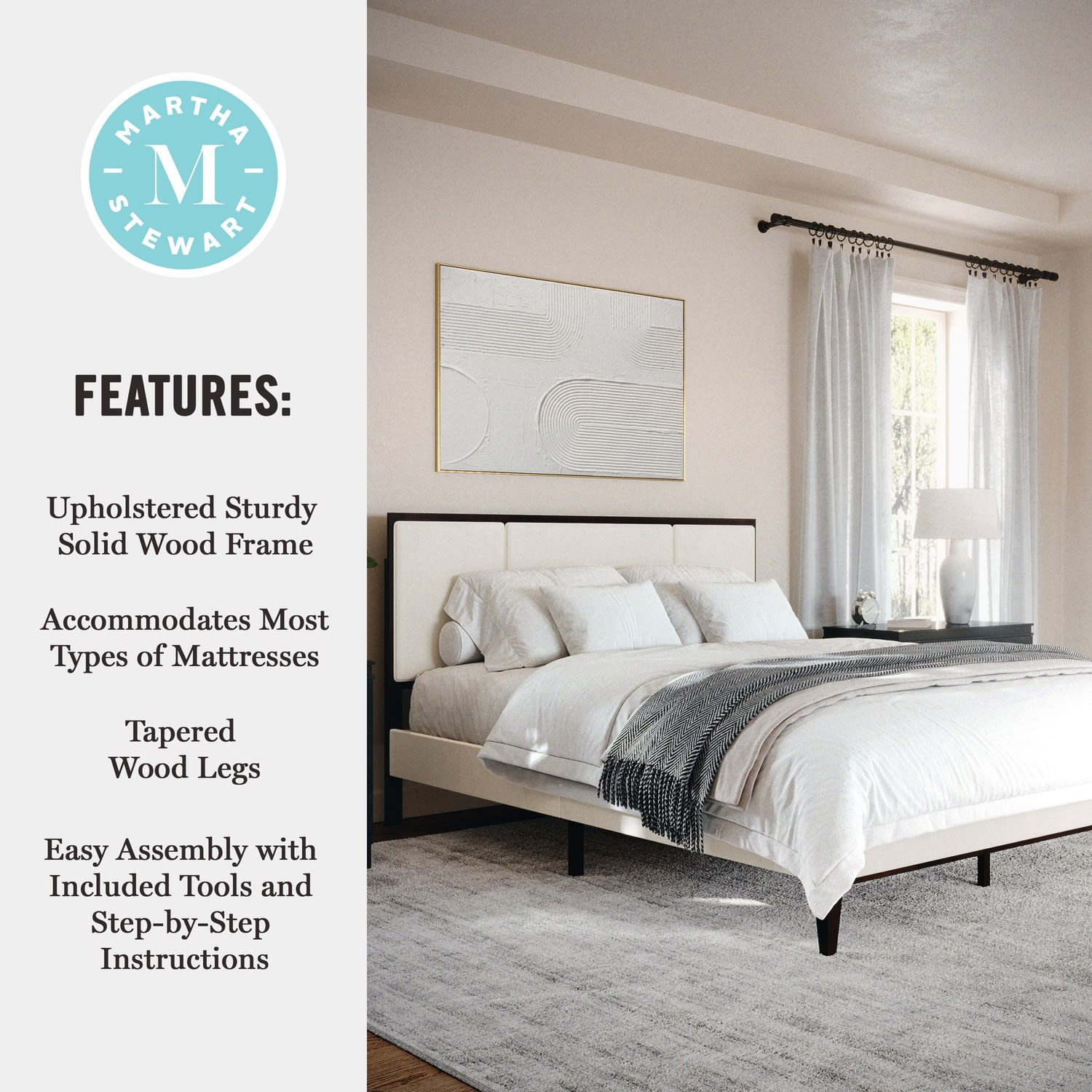 Martha Stewart Jett Solid Wood Platform Bed with Upholstered Base and Inset Paneled Headboard - MG0900271FQDKBN - Image 5