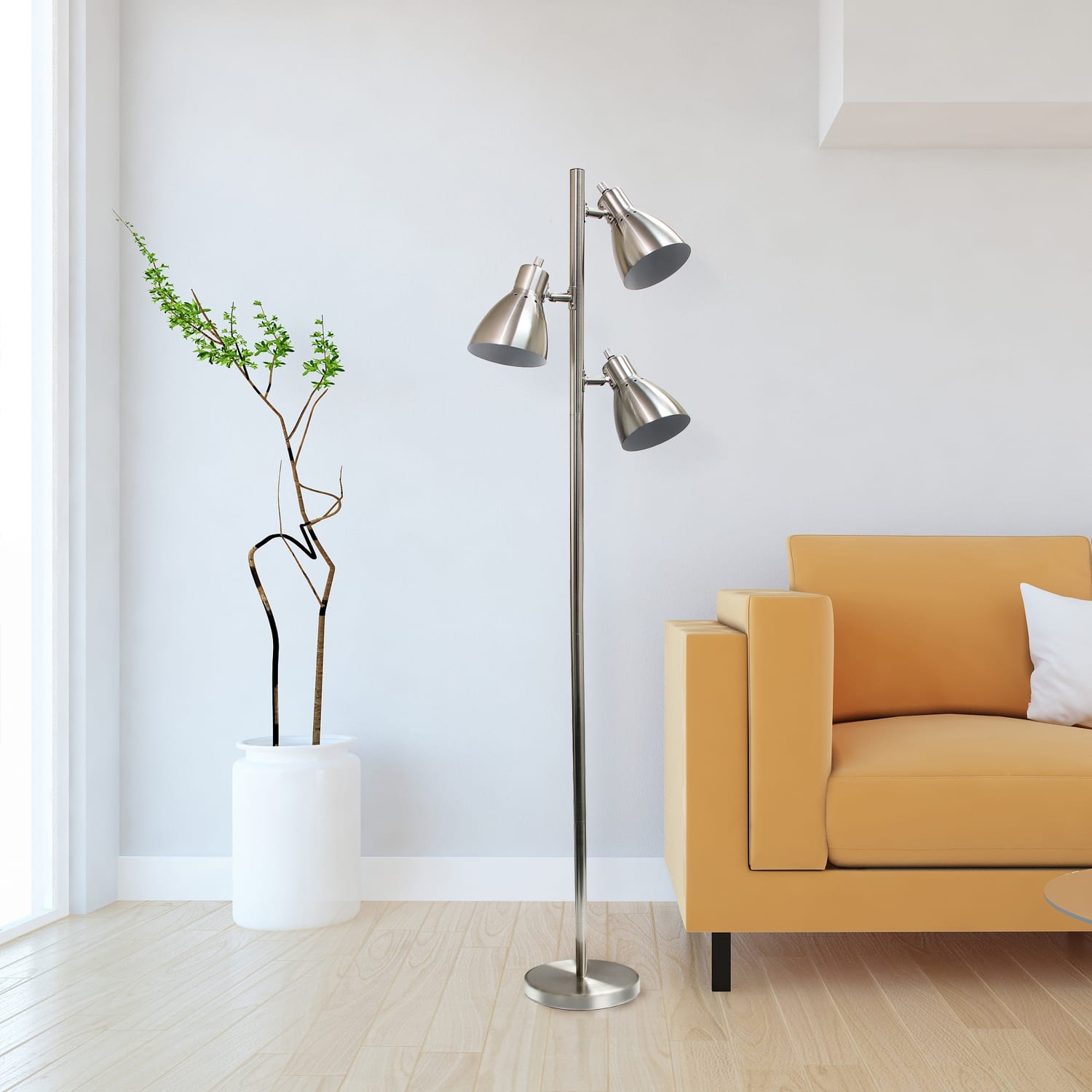 Creekwood Home Essentix 3-Light Metal Tree Floor Lamp, 64inH, Brushed Nickel Shades/Brushed Nickel Base - Image 5
