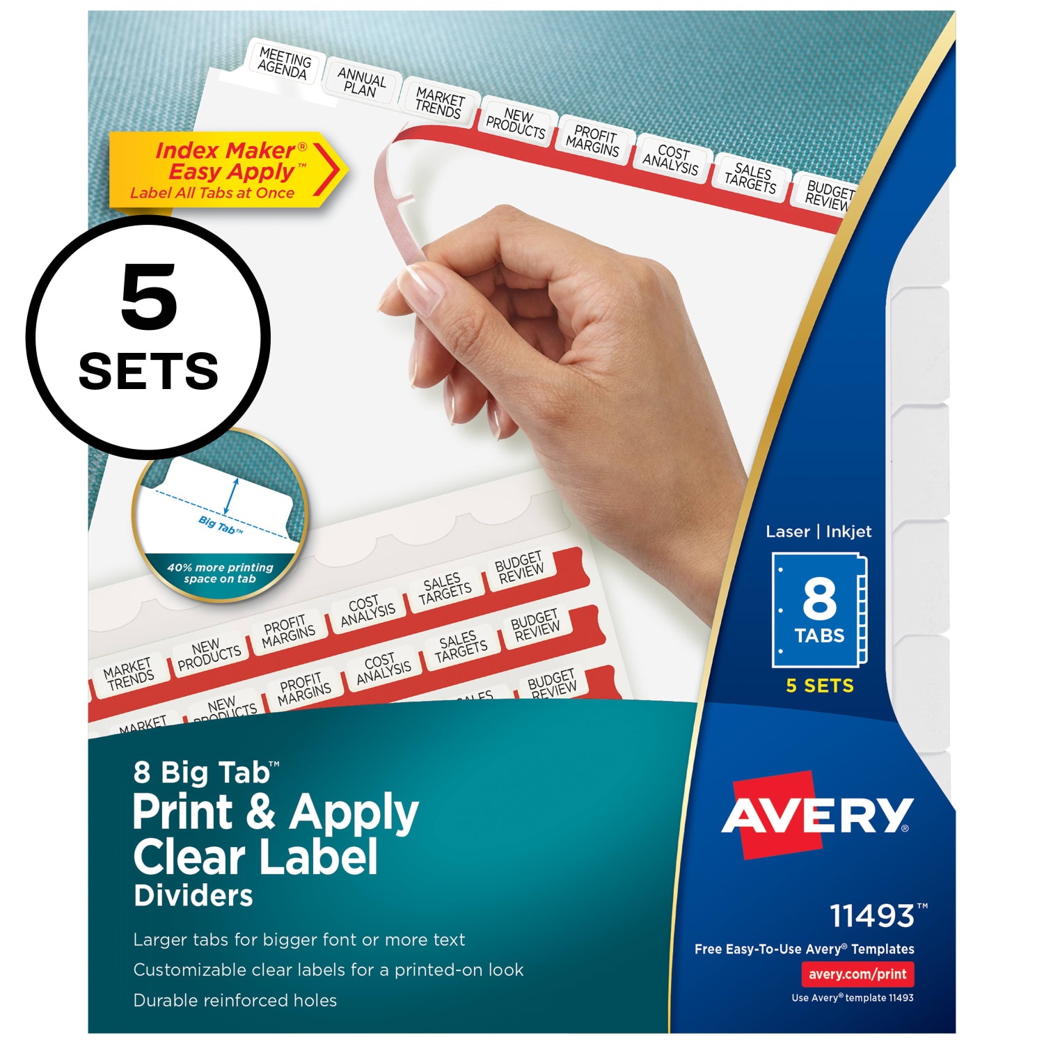Avery Big Tab Print & Apply Clear Label Dividers with Index Maker Easy Apply Printable Label Strip, 8-Tab, White, Pack of 5 Sets - Image 3