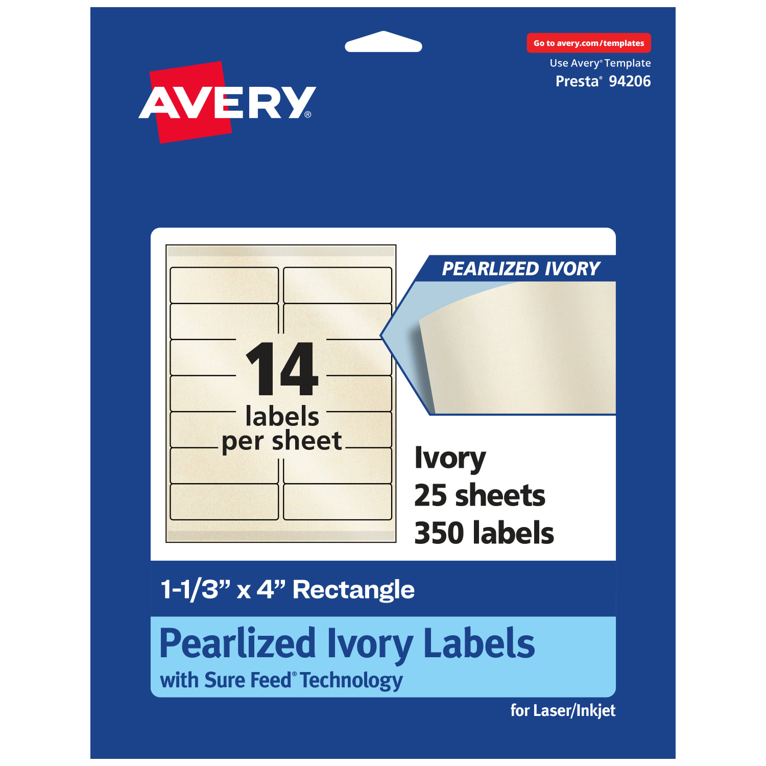 Avery Pearlized Permanent Labels With Sure Feed, 94206-PIP25, Rectangle, 1-1/3in x 4in, Ivory, Pack Of 350 Labels