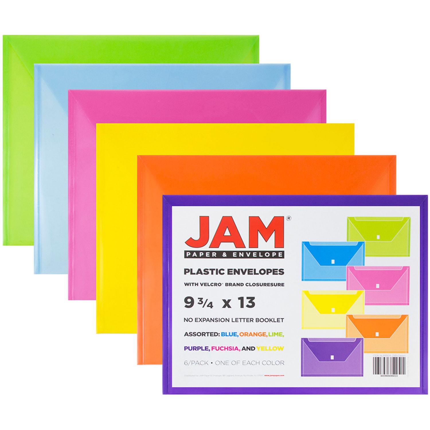 JAM Paper Plastic Envelopes, 9-3/4in x 13in, Hook & Loop Closure, No Expansion, Assorted Colors, Pack Of 6 Envelopes - Image 3