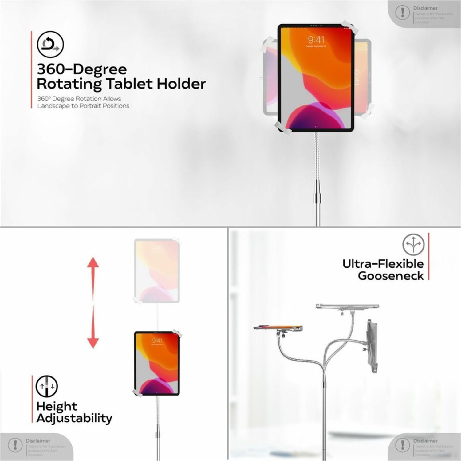 CTA Digital Aluminum Heavy-Duty Security Gooseneck Floor Stand For 7in To 13in Tablets, 64inH x 26inW x 26inD, Silver - Image 4