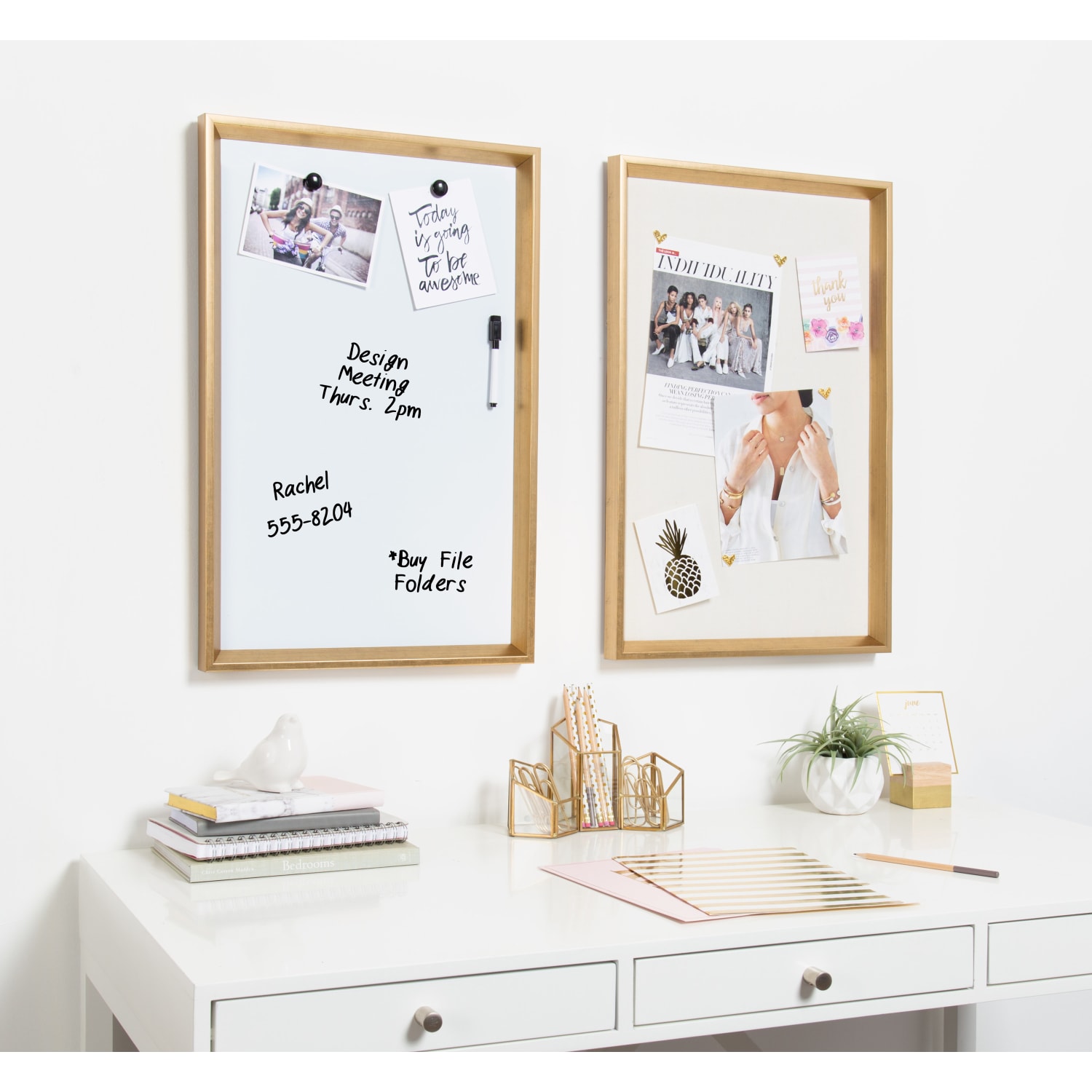 Kate and Laurel Calter Magnetic Dry-Erase Board, Melamine, 16-1/2in x 25-1/2in, White, Gold Plastic Frame - Image 5
