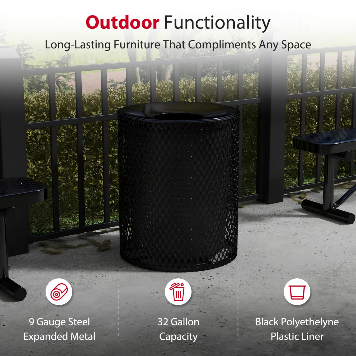Leisure Craft Expanded Metal Outdoor Receptacle, 32-Gallon, Black - Image 4