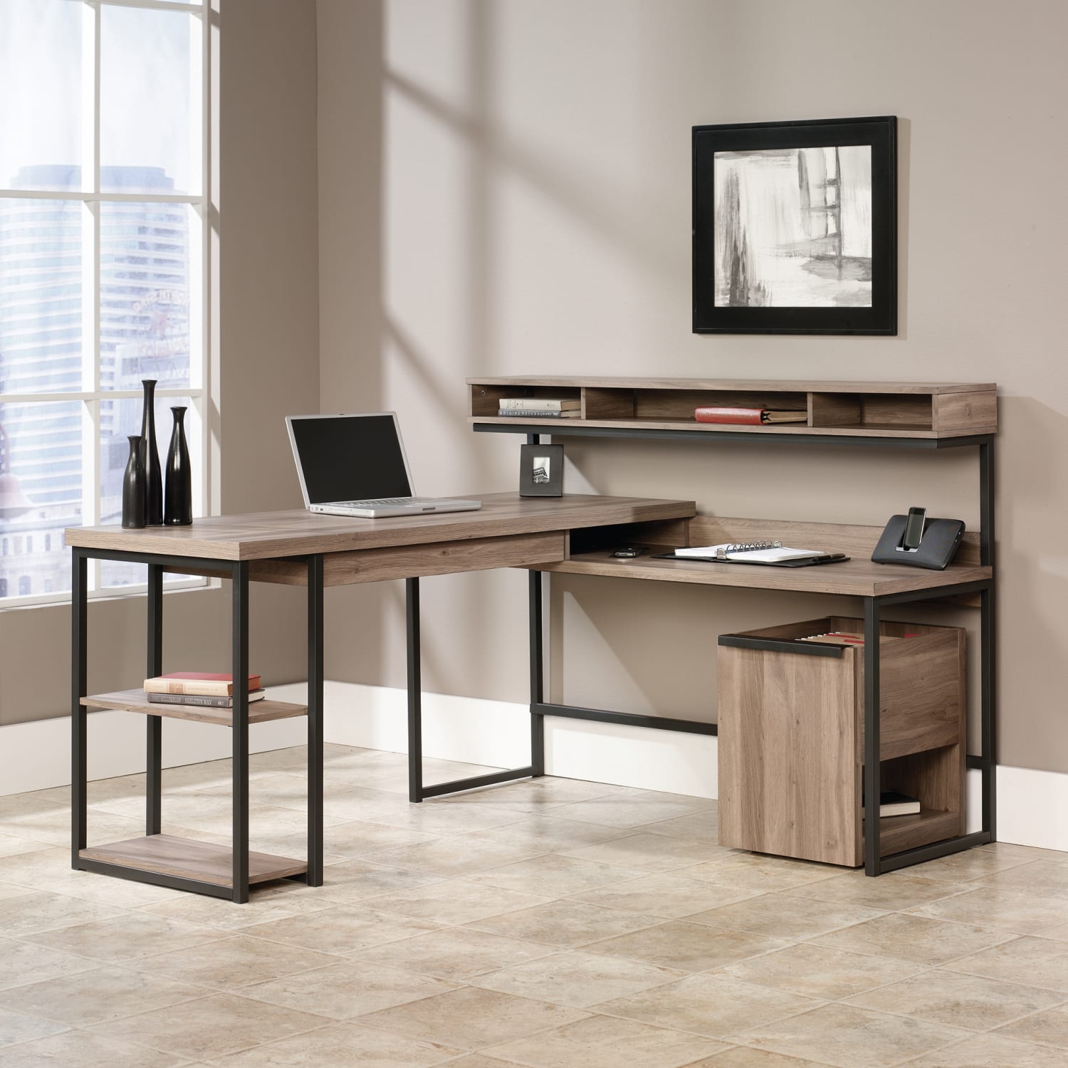 Sauder Transit 61inW Multi-Tiered L-Shaped Corner Desk, Salted Oak - Image 3