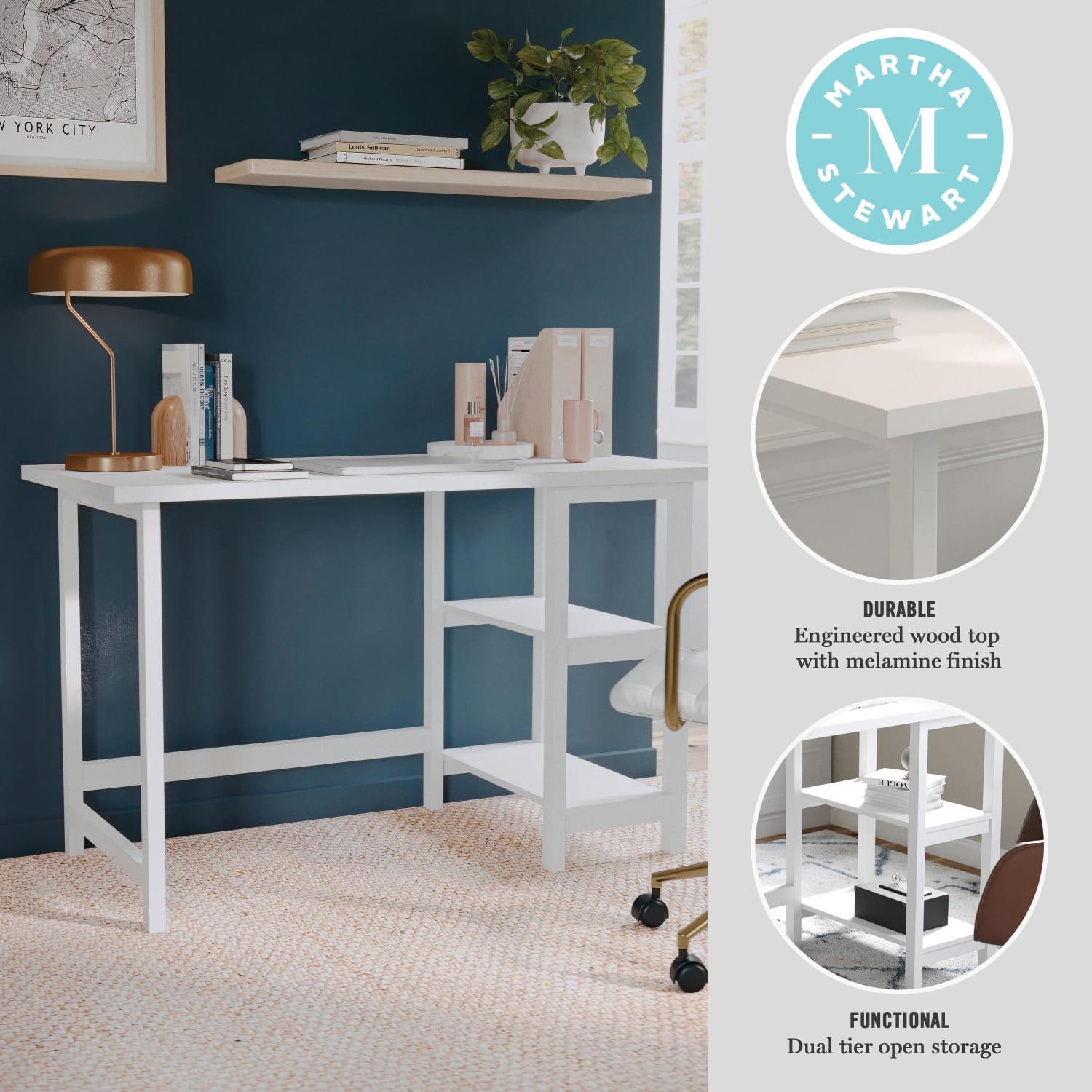 Martha Stewart Beckett 47.5inW Home Office Trestle Computer Desk With Shelves, White Wood Grain - Image 4