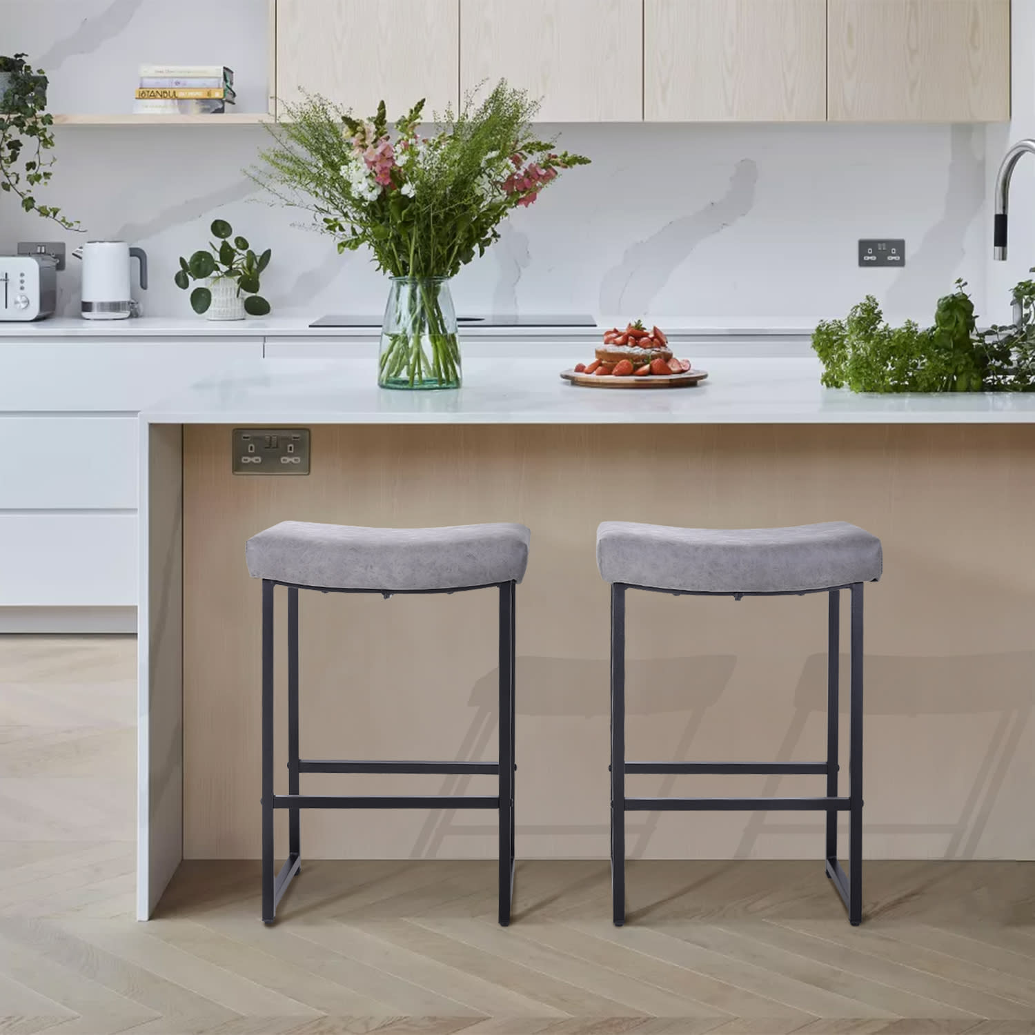 ALPHA HOME Saddle Design PU Leather Counter-Height Stools, Gray/Black, Set Of 2 Stools - Image 6