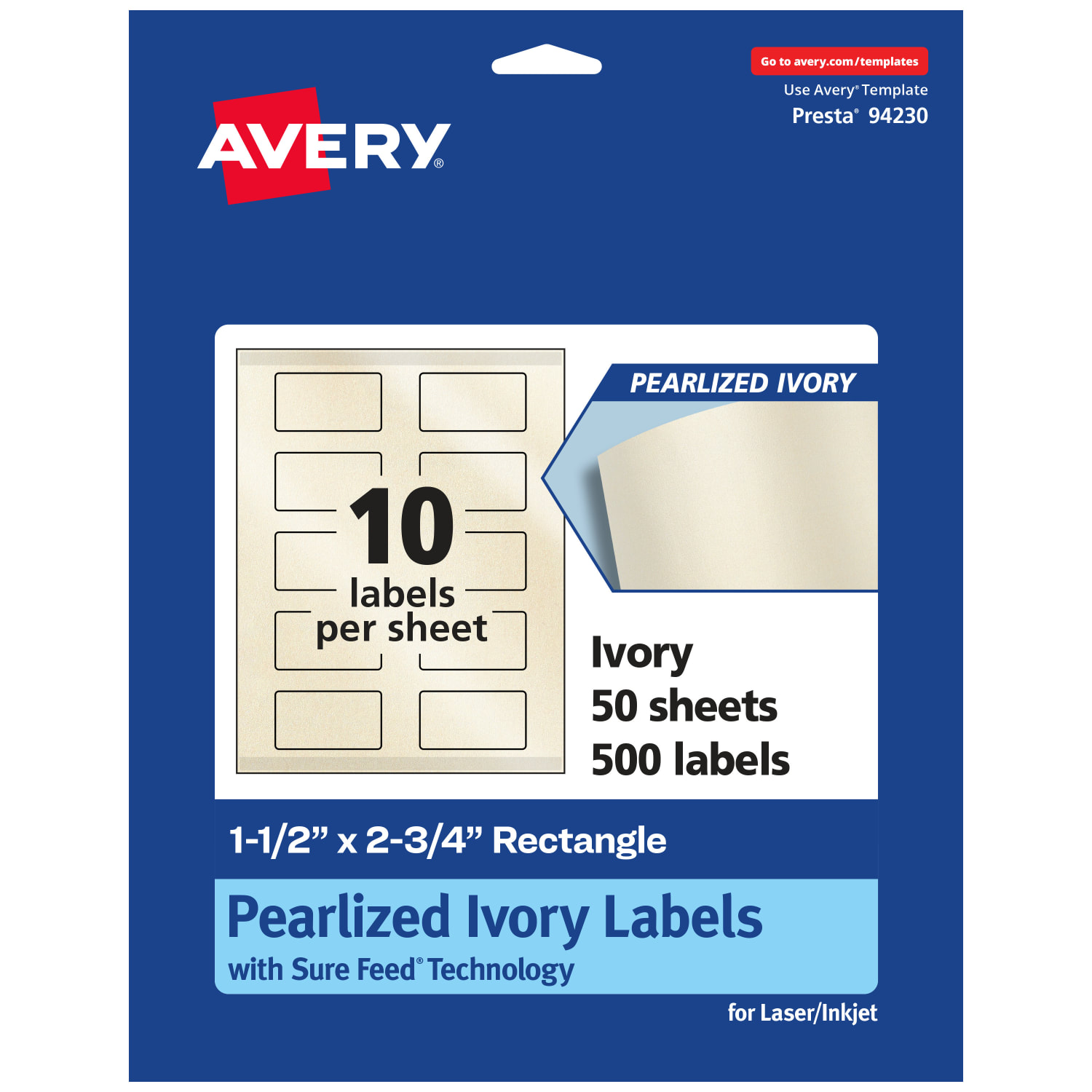 Avery Pearlized Permanent Labels With Sure Feed, 94230-PIP50, Rectangle, 1-1/2in x 2-3/4in, Ivory, Pack Of 500 Labels