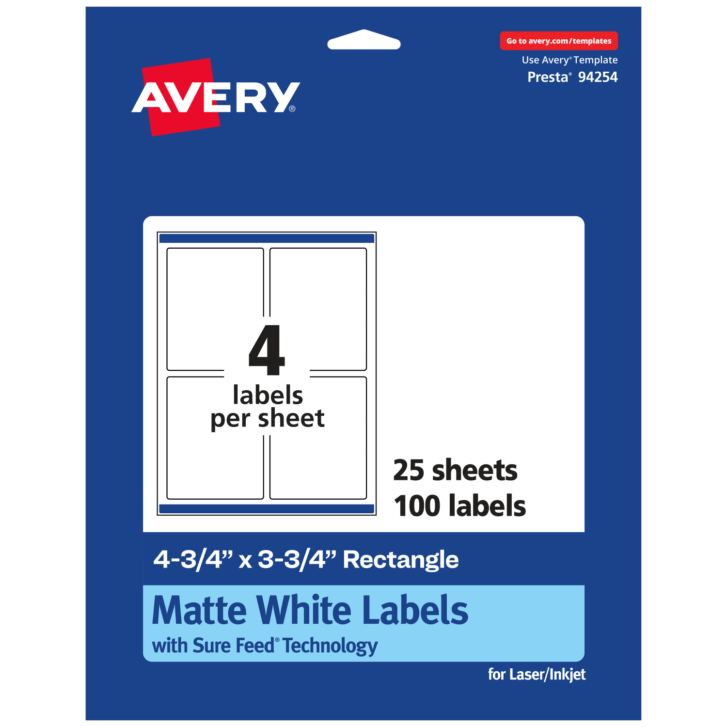 Avery Permanent Labels With Sure Feed, 94254-WMP25, Rectangle, 4-3/4in x 3-3/4in, White, Pack Of 100