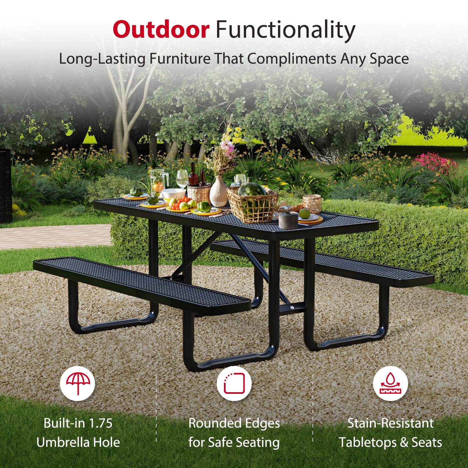 Leisure Craft Rectangle Outdoor Picnic Table, 29-11/16inH x 96inW x 62inD, Black - Image 4