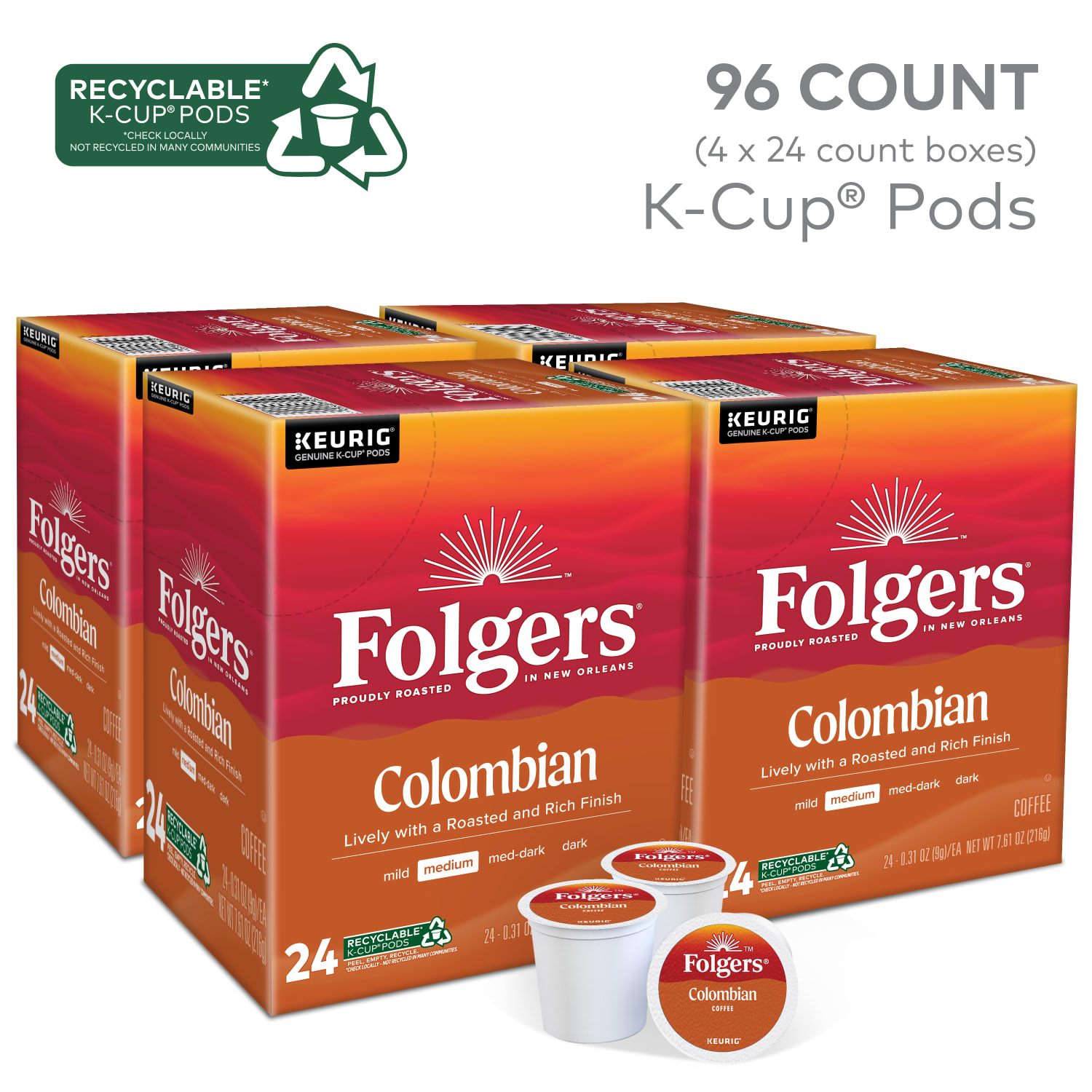 Folgers Colombian Coffee Keurig Single Serve K-Cup Pods, Medium-Dark Roast, 24 Pods Per Pack, Case Of 4 Packs - Image 3