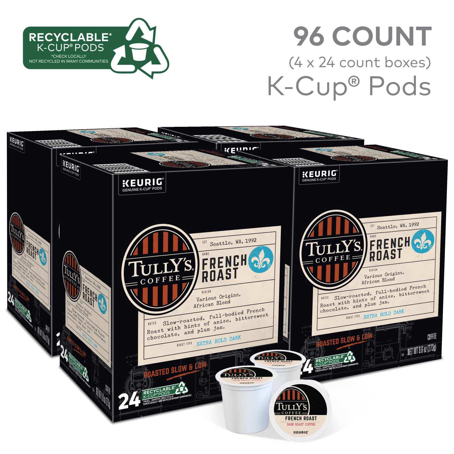 Tullys Coffee French Roast Keurig Single-Serve K-Cup Pods, Dark Roast, 24 Pods Per Pack, Case Of 4 Packs - Image 3
