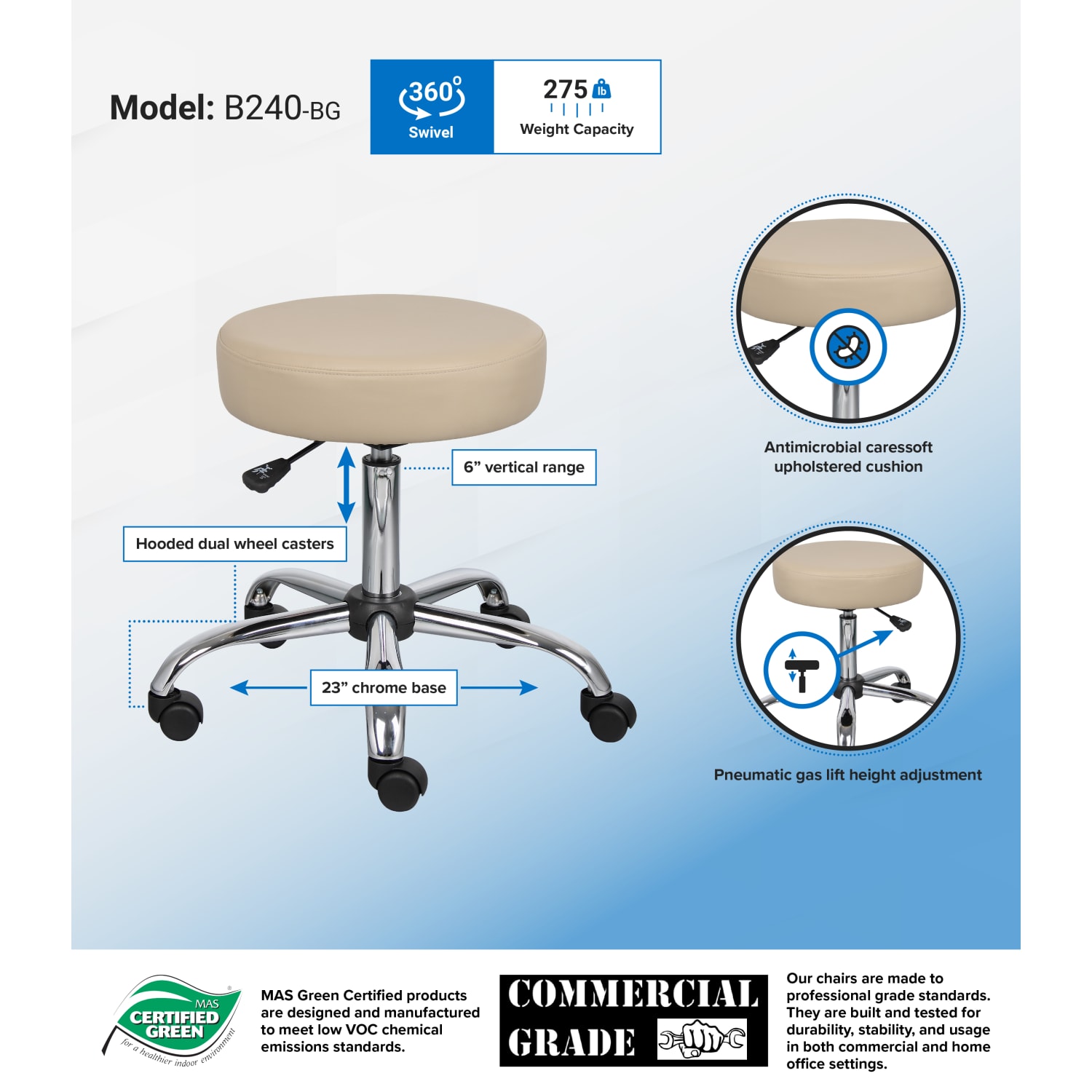 Boss Office Products Caressoft Medical Stool with Antimicrobial Protection, Beige/Chrome - Image 4