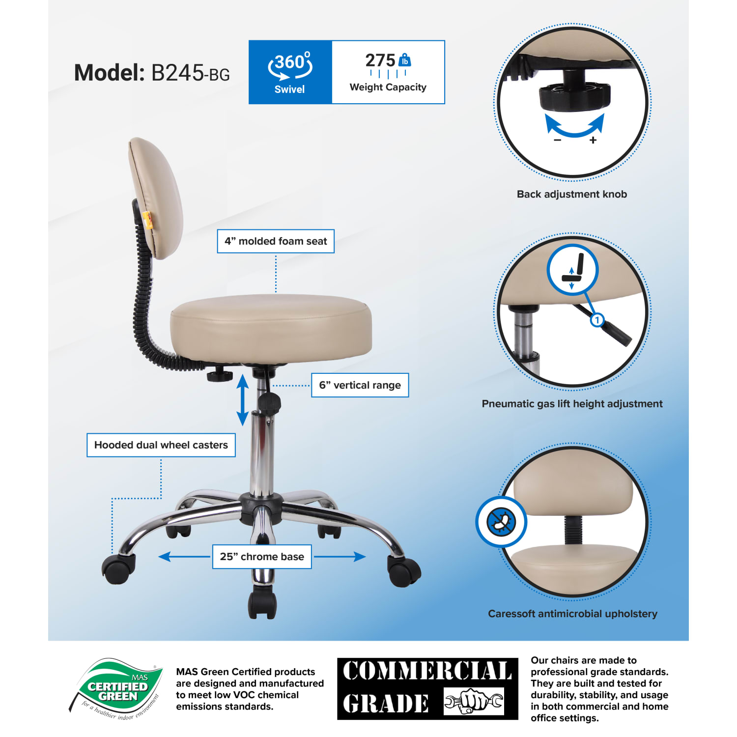 Boss Office Products Antimicrobial Medical Stool With Back, Beige/Chrome - Image 5