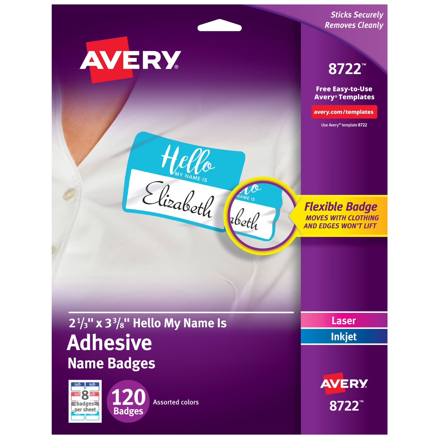 Avery Adhesive Name Badges, Hello My Name Is, 2 1/3in x 3 3/8in, 8722,  Assorted Colors, Pack Of 120 Badges
