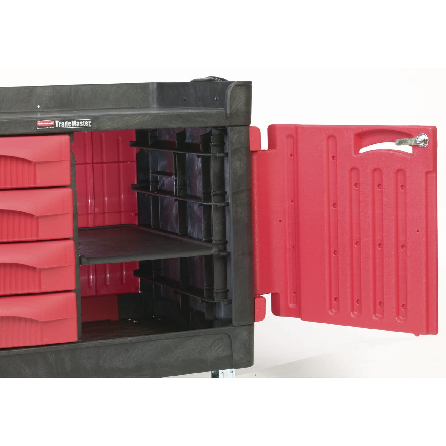 Rubbermaid Commercial TradeMaster Cart with One Door, Plastic, 3 Shelves, 4 Drawers, 750 lb Capacity, 26.25in x 49in x 38in, Black - Image 4