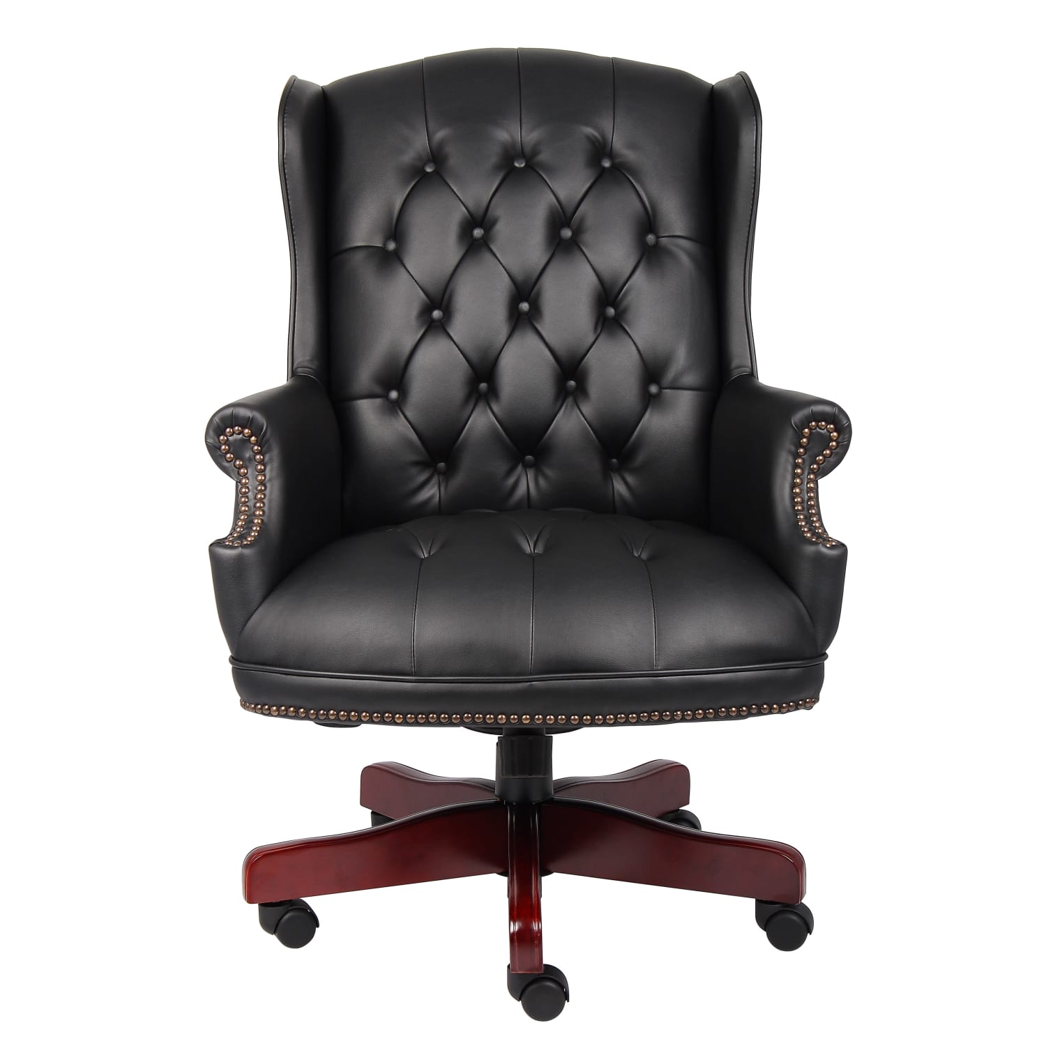 Boss Office Products Traditional Ergonomic Vinyl High-Back Executive Chair, Black/Mahogany