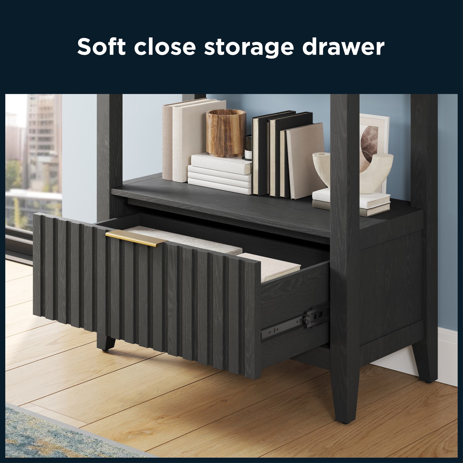 Thomasville Rivington 60inH 3-Shelf Bookcase With Storage, Raven Black - Image 6