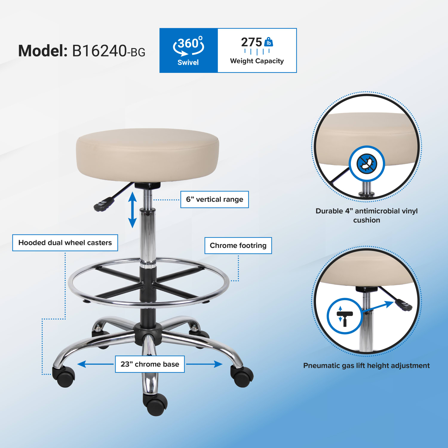 Boss Office Products Medical Stool With Antimicrobial Protection Footring BeigeChrome PopularChairscom