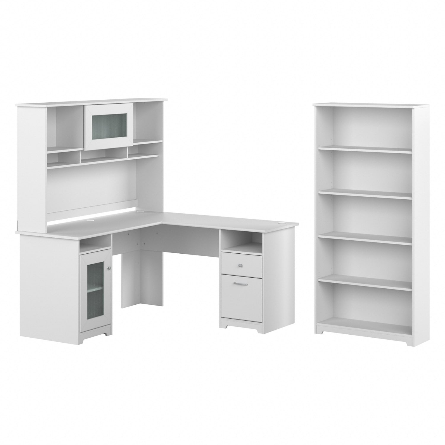 Bush Business Furniture Cabot 60inW L-Shaped Corner Desk With Hutch And 5-Shelf Bookcase, White, Standard Delivery