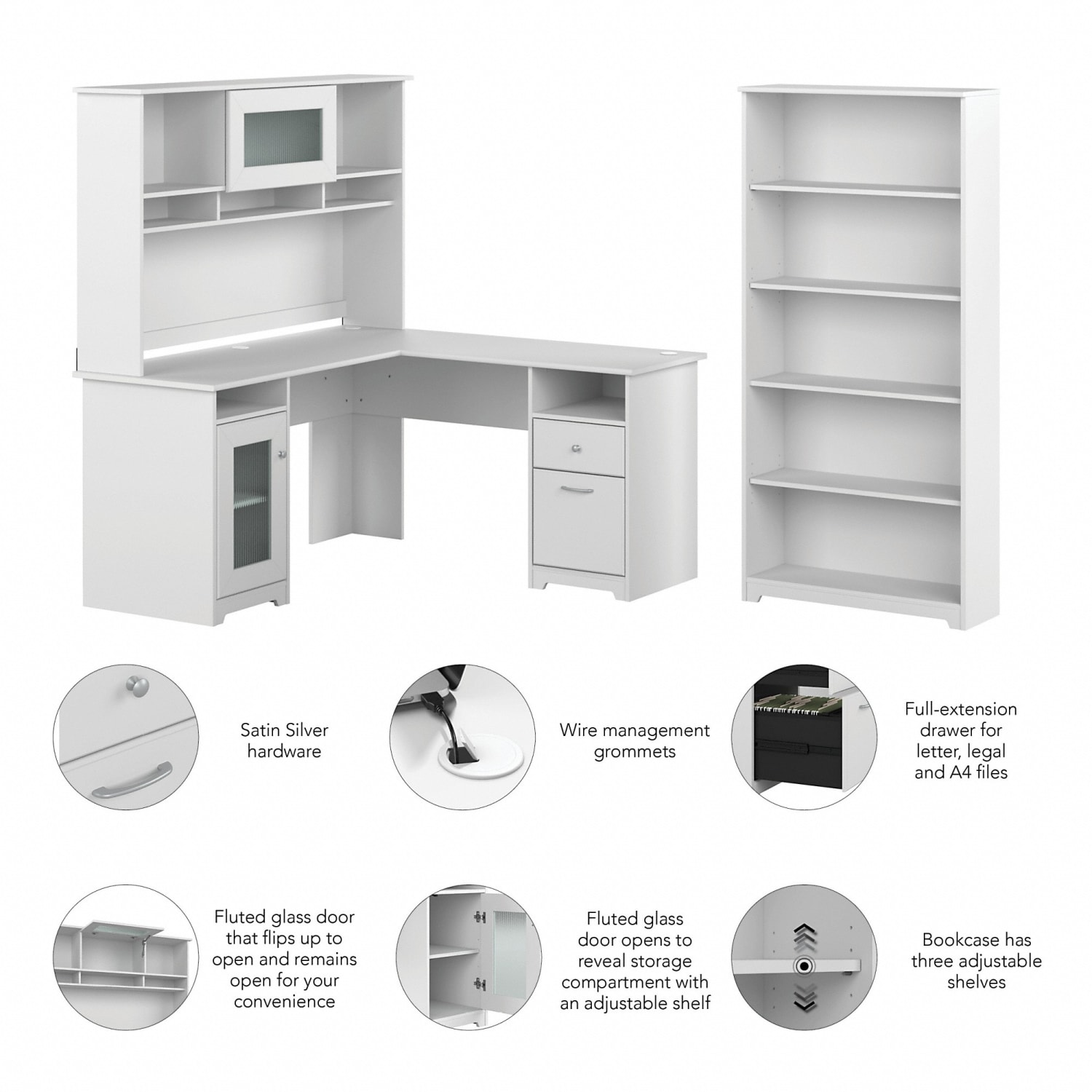 Bush Business Furniture Cabot 60inW L-Shaped Corner Desk With Hutch And 5-Shelf Bookcase, White, Standard Delivery - Image 4