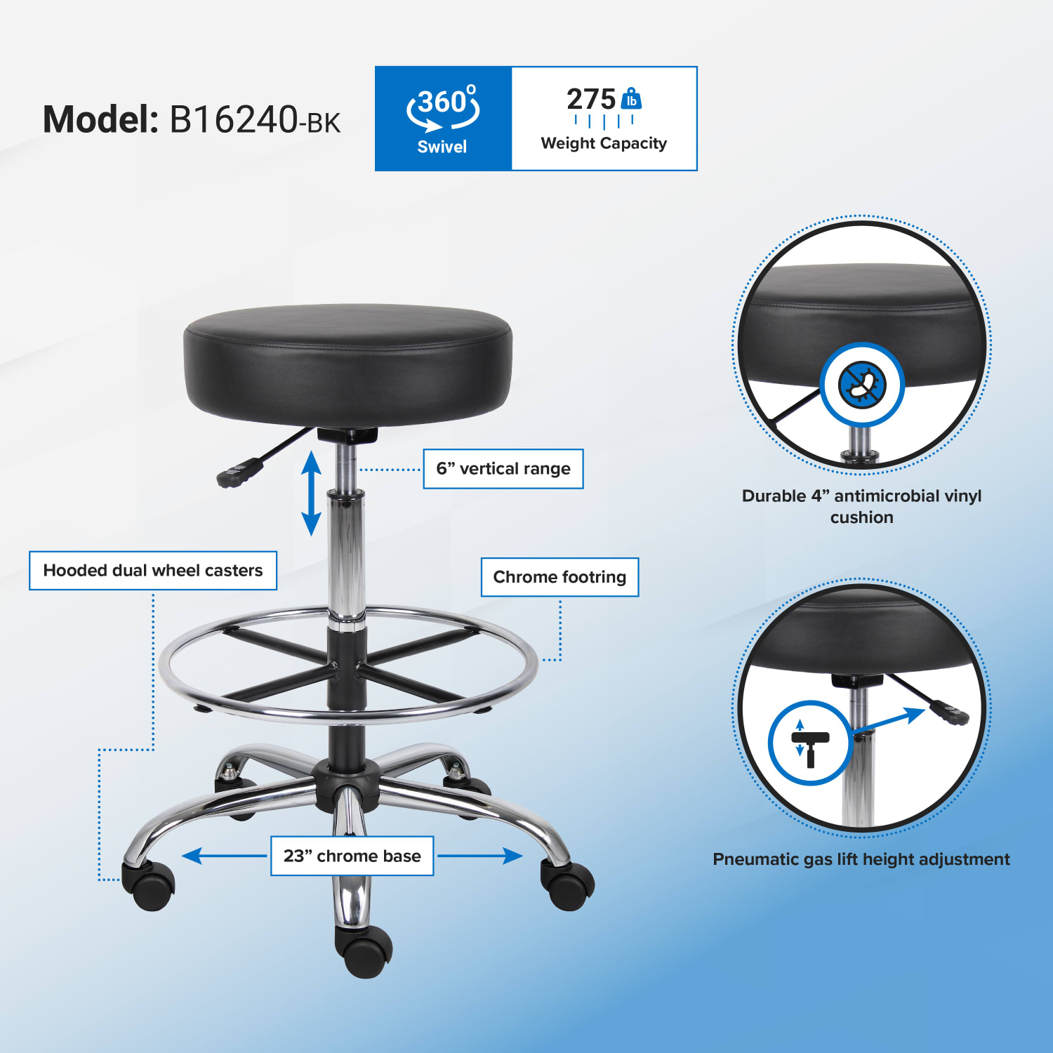 Boss Office Products Medical Stool With Foot Ring And Antimicrobial Vinyl 34inH x 25inW X 25inD BlackChrome PopularChairscom Boss Office Products Medical Stool With Foot Ring And Antimicrobial Vinyl 34inH x 25inW X 25inD BlackChrome PopularChairscom