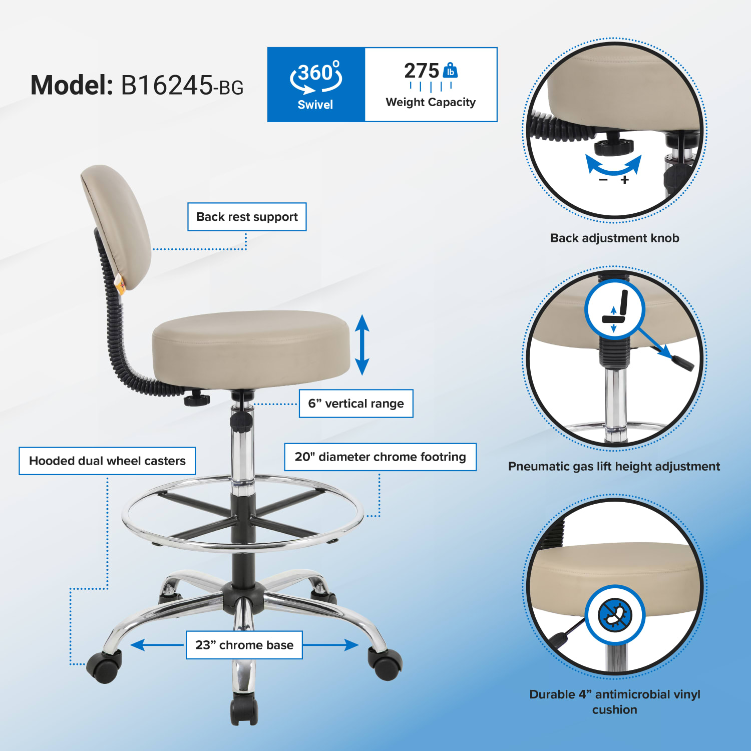 Boss Office Products Antimicrobial Medical Stool With Back And Foot Ring Beige PopularChairscom