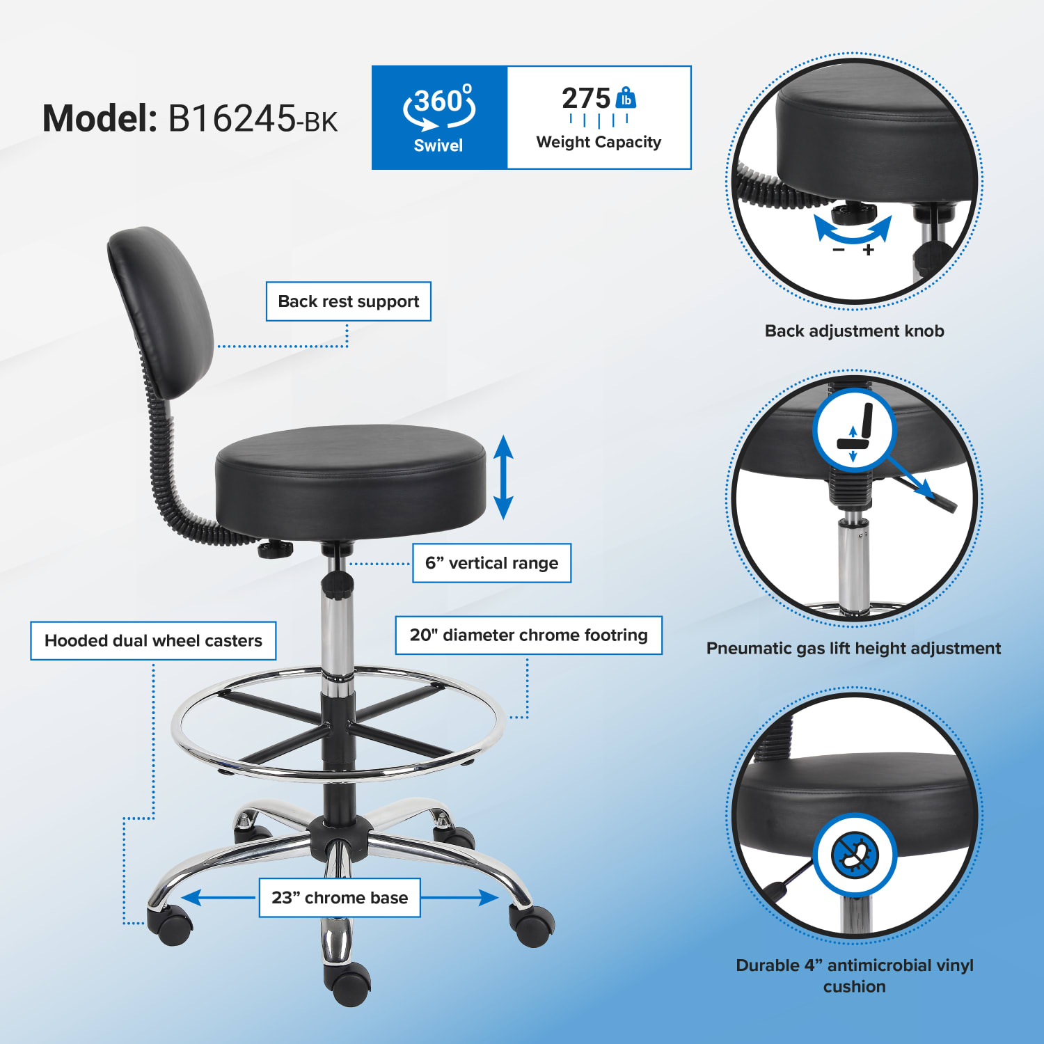 Boss Office Products Antimicrobial Medical Stool With Back And Foot Ring BlackChrome PopularChairscom Boss Office Products Antimicrobial Medical Stool With Back And Foot Ring BlackChrome PopularChairscom