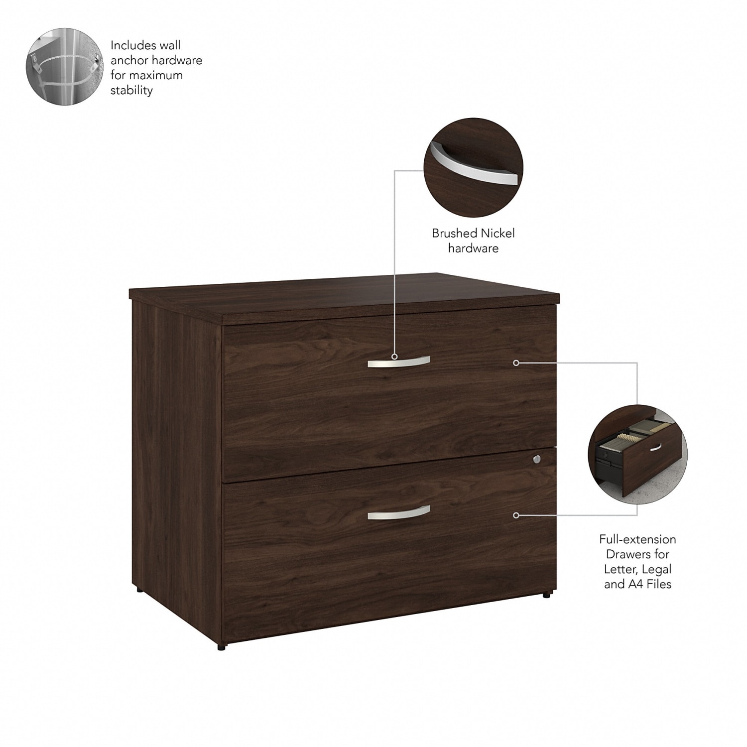 Bush Business Furniture Studio C 35-2/3inW x 23-1/3inD Lateral 2-Drawer File Cabinet, Black Walnut, Standard Delivery - Image 4