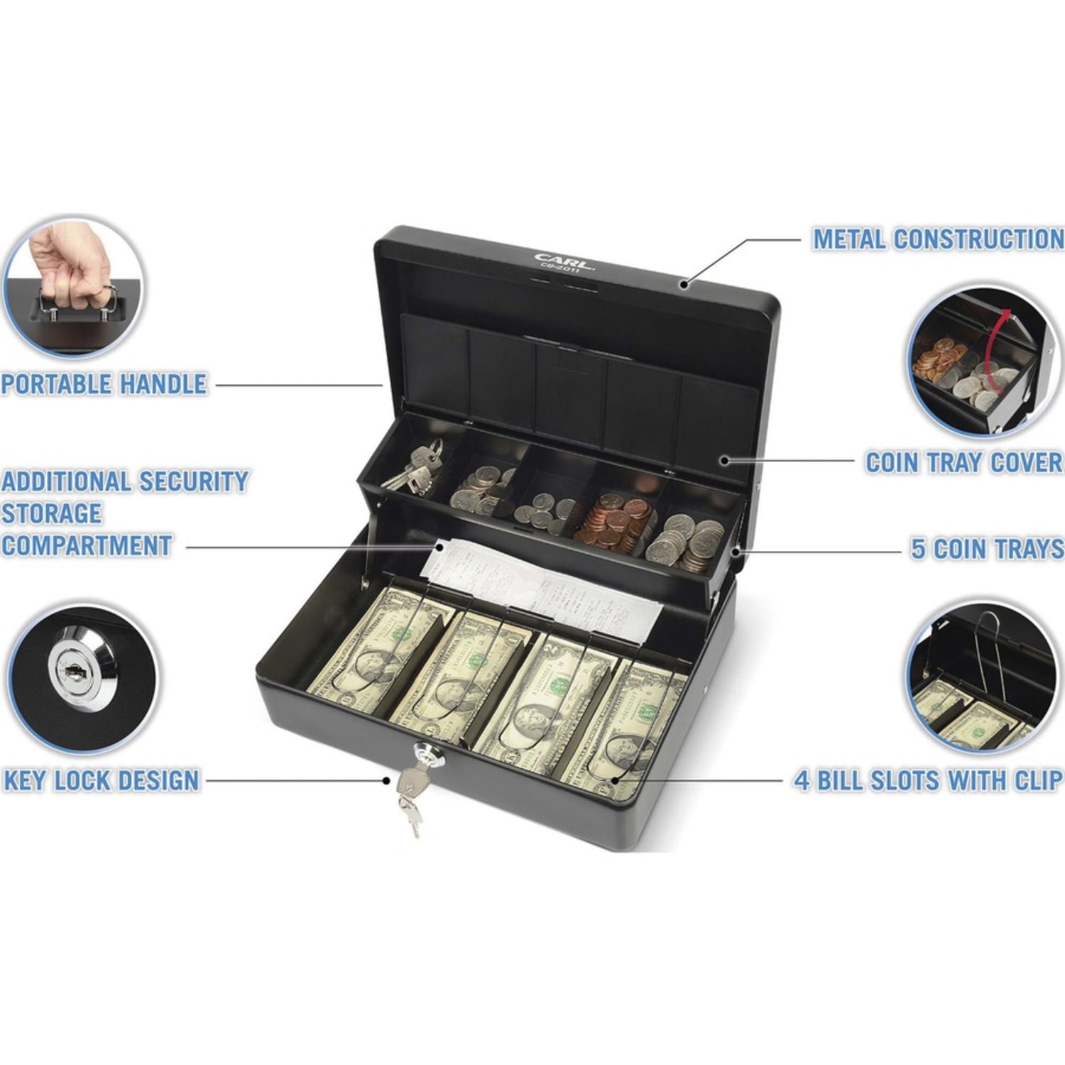 CARL Bill Slots Steel Security Cash Box - 4 Bill - 5 Coin - Steel - Black - 3.5in Height x 10in Width x 7in Depth - Image 4