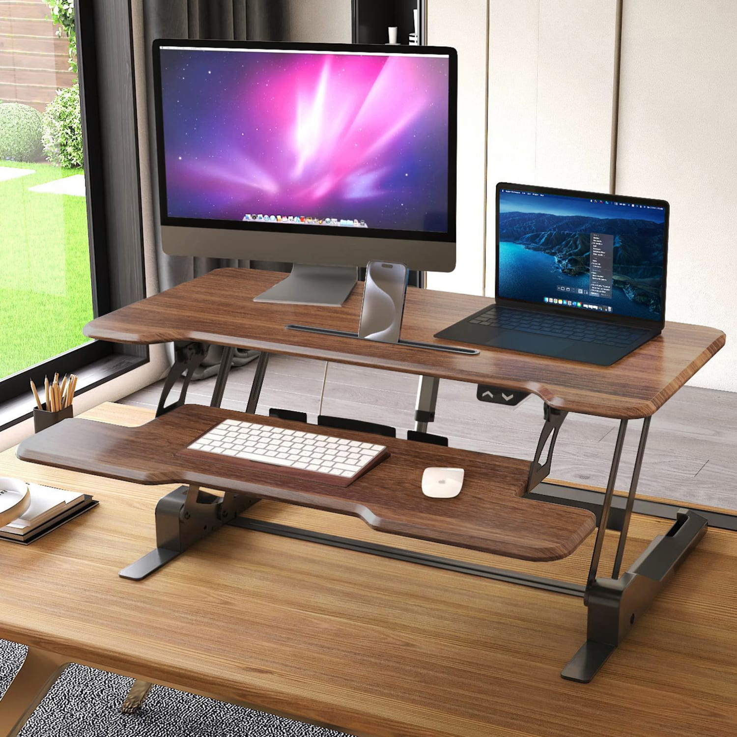 Mount-It! Electric Standing Desk Converter With Adjustable Height And 38inW Desktop, Dark Walnut - Image 3