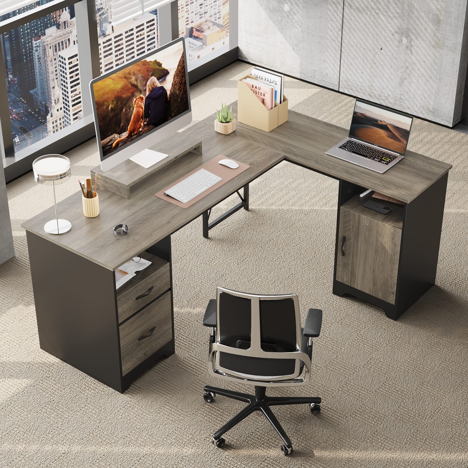 Bestier 63inW L-Shaped Corner Computer Desk With Monitor Stand & Open Storage, Gray - Image 3
