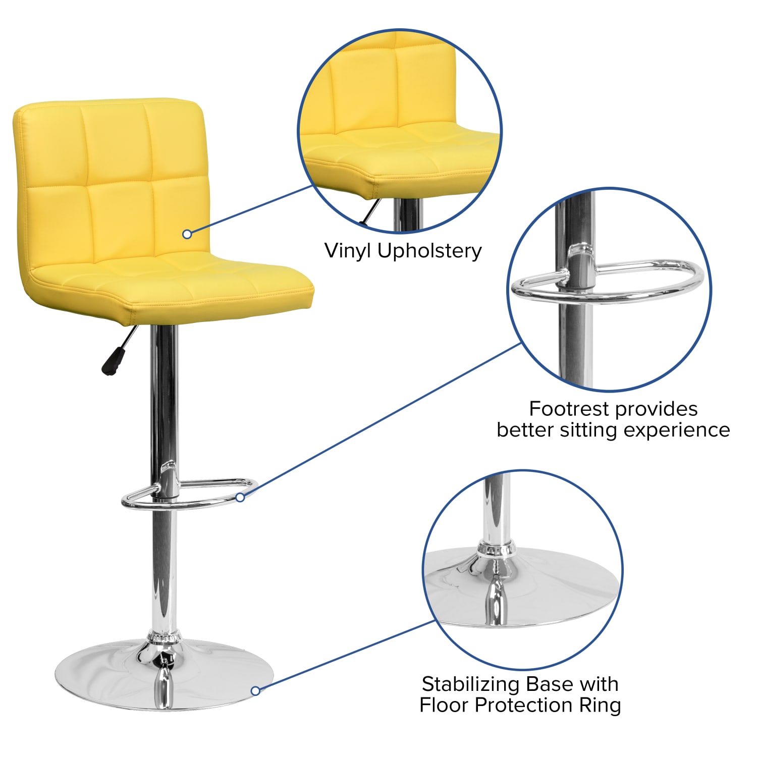 Flash Furniture Contemporary Quilted Vinyl Adjustable Height Barstool with Chrome Base Yellow PopularChairscom Flash Furniture Contemporary Quilted Vinyl Adjustable Height Barstool with Chrome Base Yellow PopularChairscom