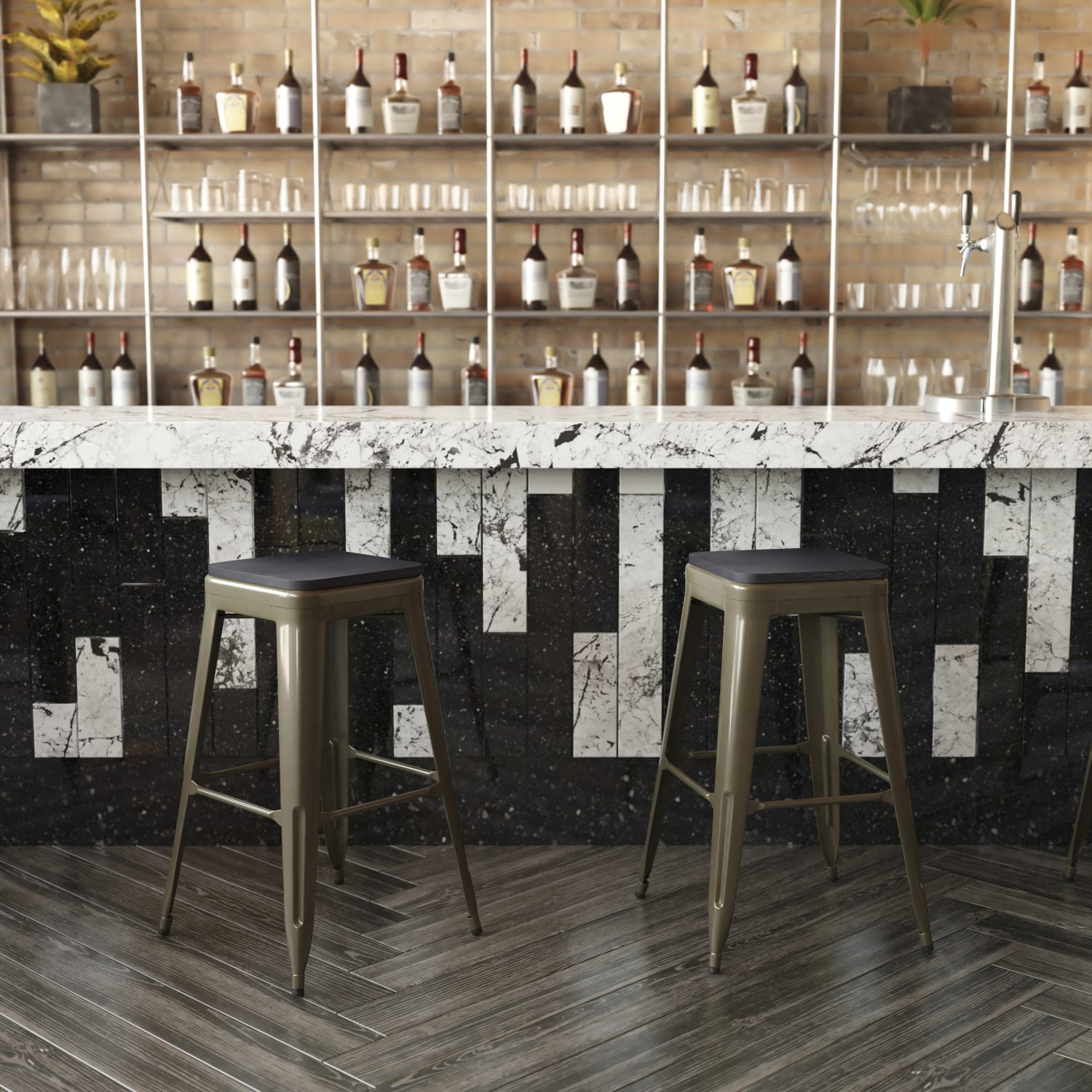 Flash Furniture Cierra Set of 4 Commercial Grade 30in High Backless Metal Indoor Bar H Stools, Black Resin Wood Seat/Gun Metal Frame - 4ET32030GNRPL2B