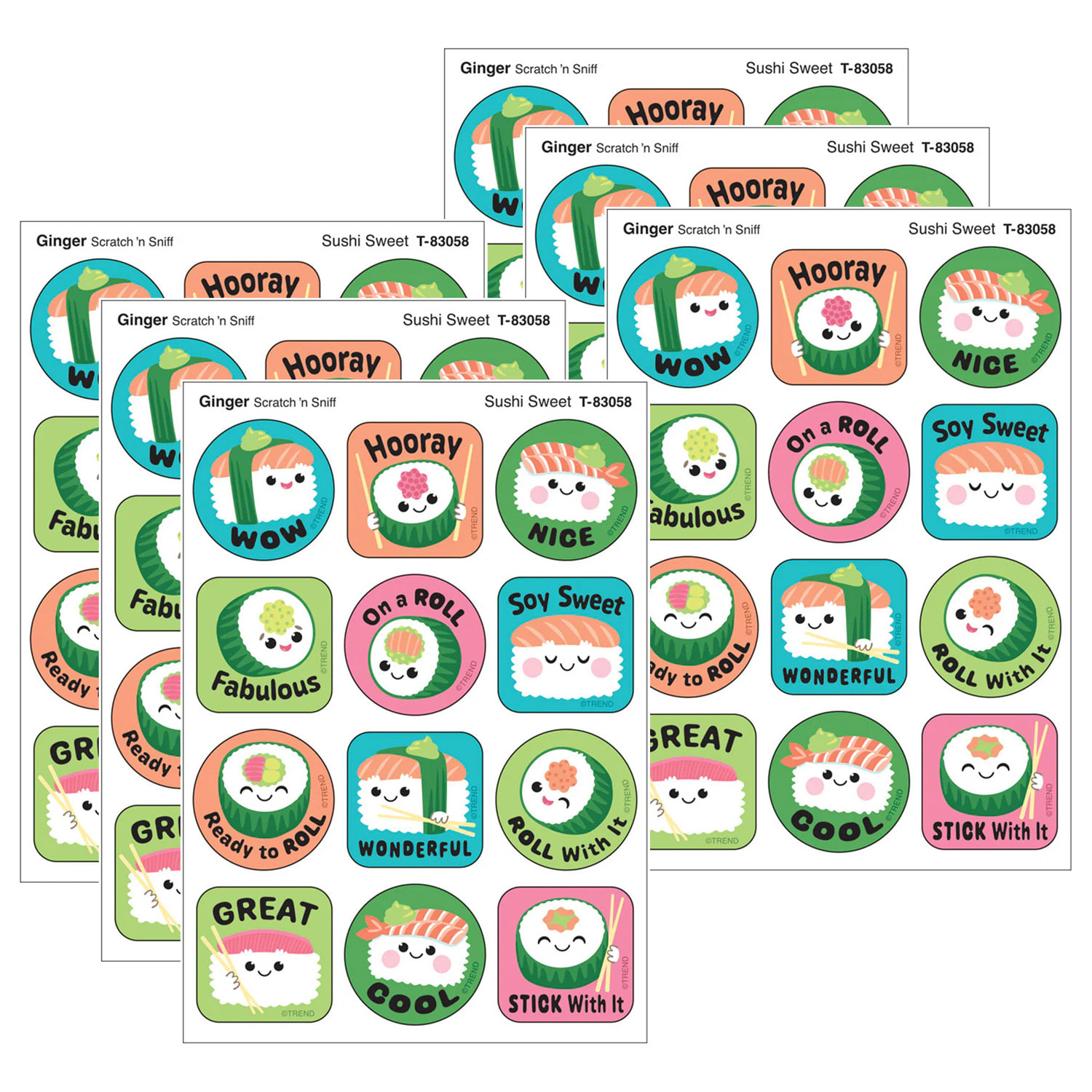 TREND Stinky Stickers, Sushi Sweet, Ginger Scent, 48 Per Pack, Set Of 6 Packs