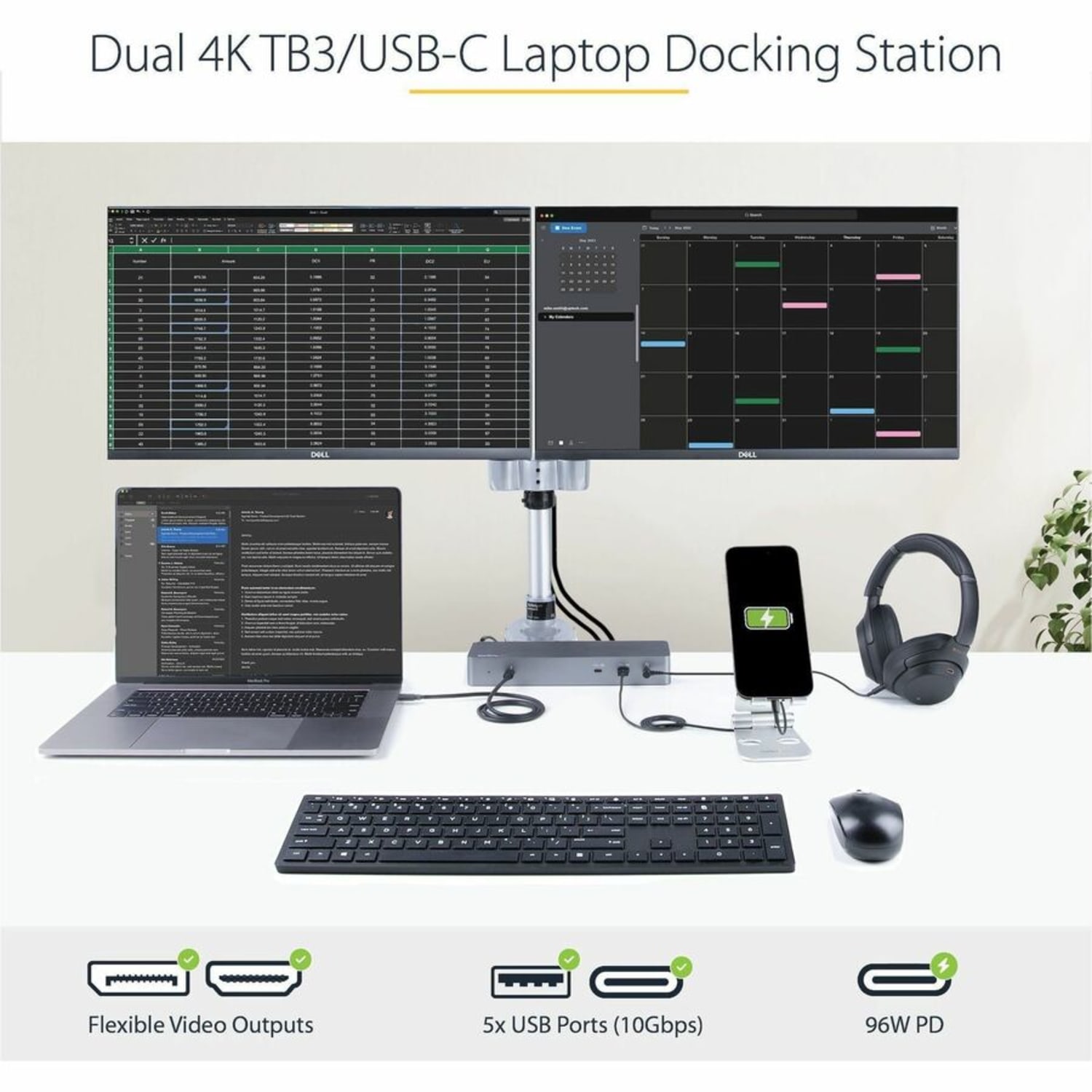 StarTech.com Thunderbolt 3 Dock w/USB-C Host Compatibility - Dual 4K 60Hz DP 1.4 or HDMI TB3/USB-C Docking Station - Image 3