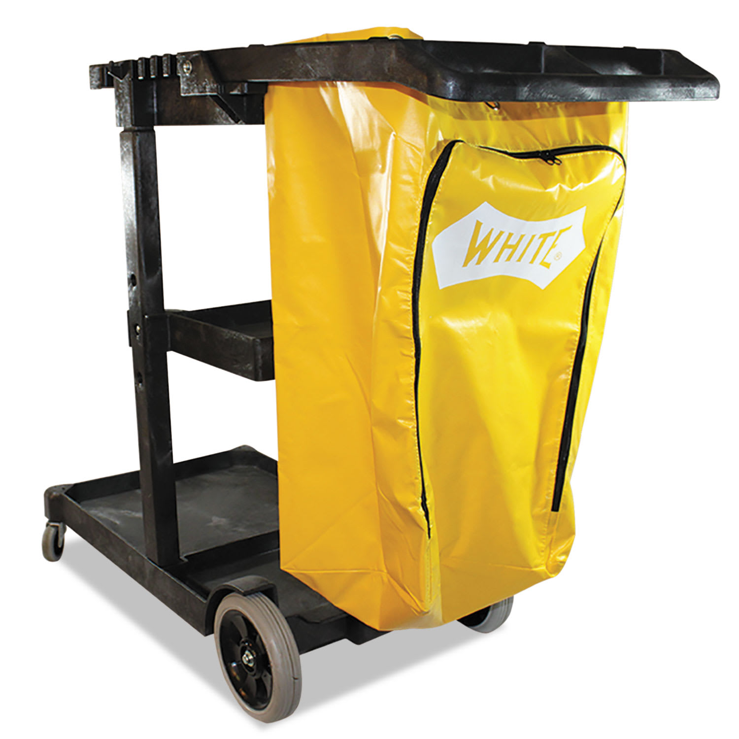 Impact Janitorial Cart, Plastic, 3 Shelves, 1 Bin, 20.5in x 48in x 38in, Yellow