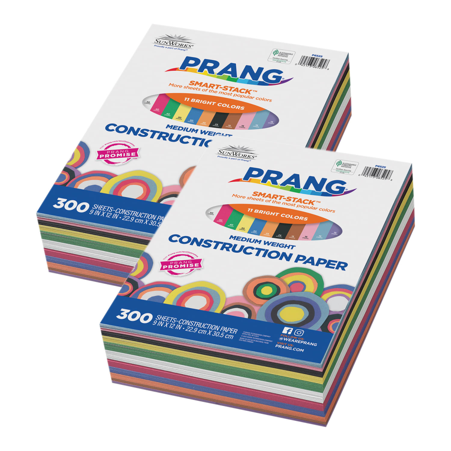 Prang Construction Paper, Medium Weight, 9in x 12in, Smart Stack, 11 Assorted Colors, 300 Sheets Per Pack, Set Of 2 Packs