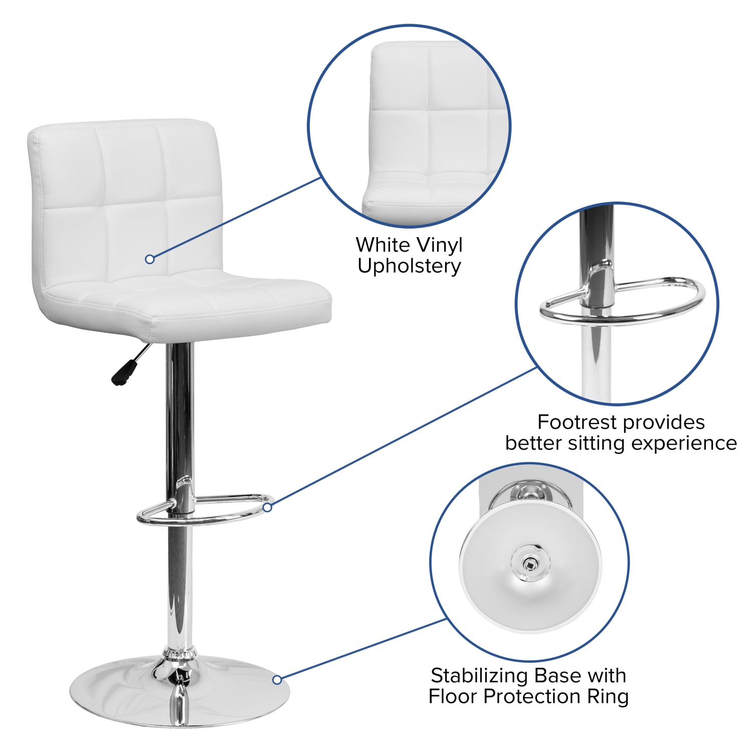 Flash Furniture Contemporary Quilted Vinyl Adjustable Height Barstool with Chrome Base White PopularChairscom Flash Furniture Contemporary Quilted Vinyl Adjustable Height Barstool with Chrome Base White PopularChairscom