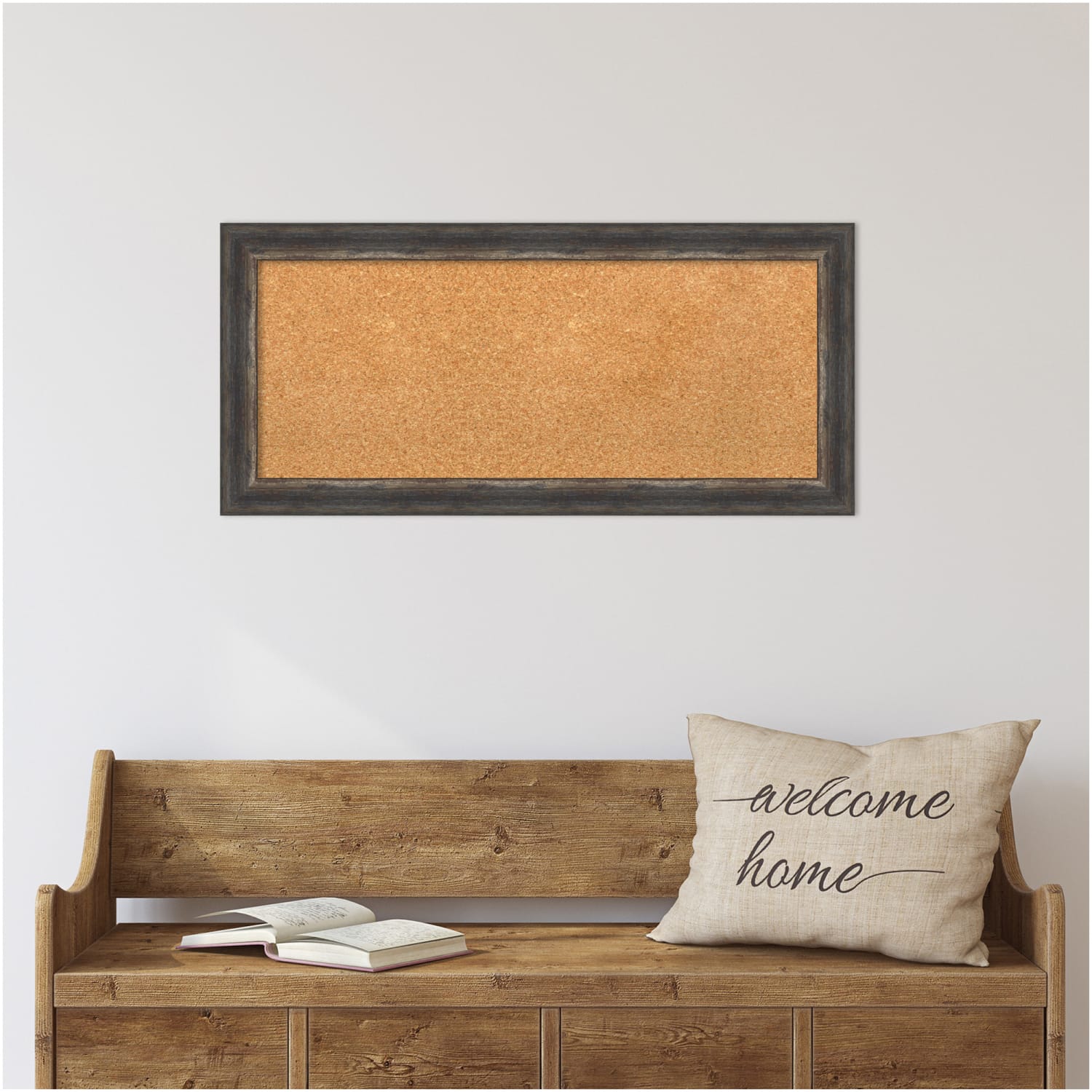 Amanti Art Rectangular Non-Magnetic Cork Bulletin Board, Natural, 33in x 15in, Bark Rustic Char Narrow Plastic Frame - Image 6