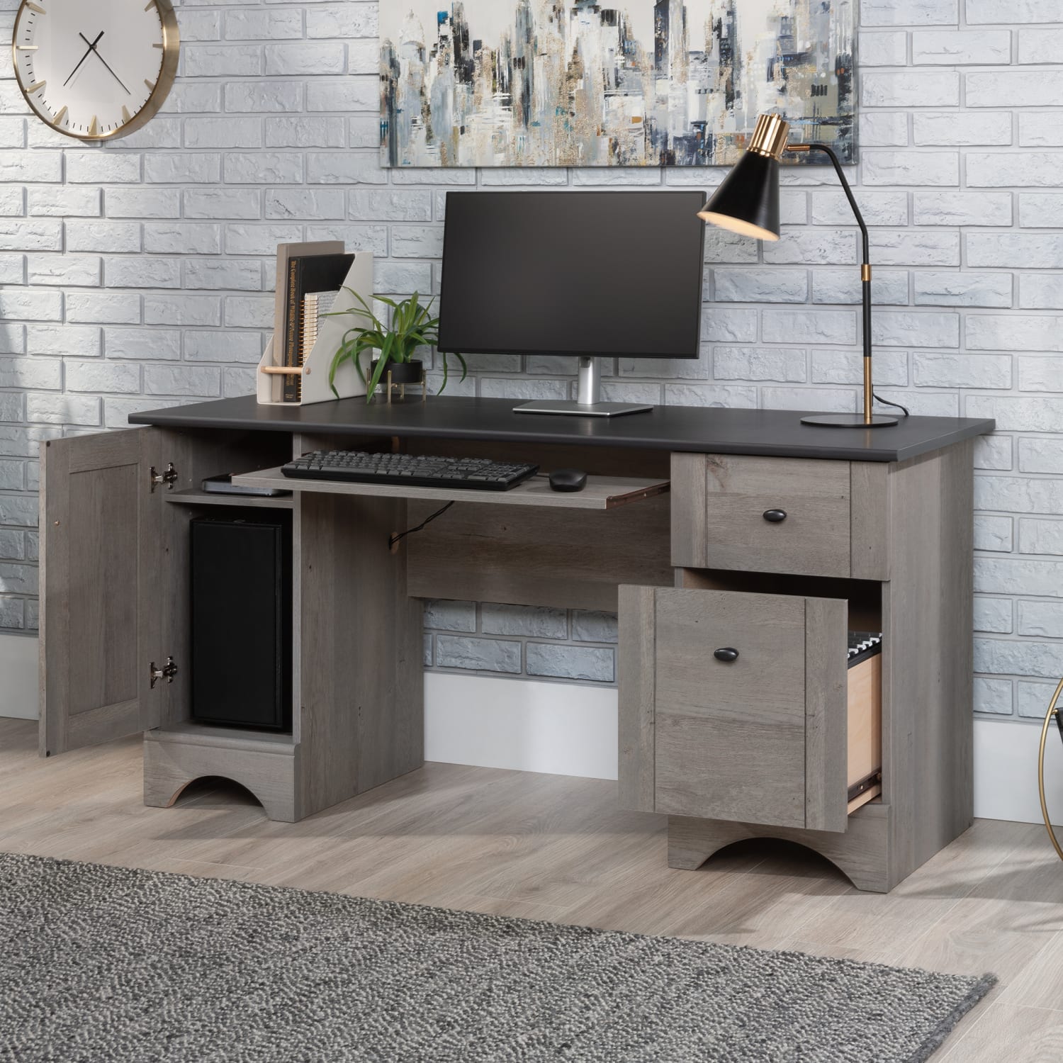 Sauder Select 60inW Double-Pedestal Computer Desk, Mystic Oak/Raven Oak - Image 6