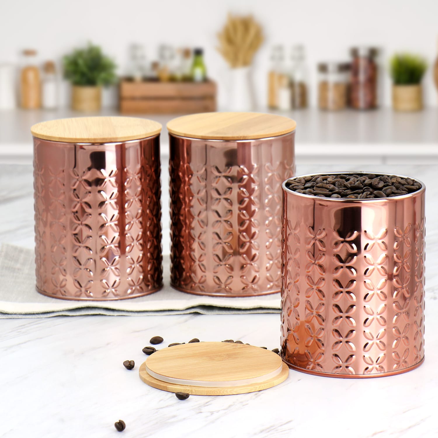 MegaChef Aluminum 3-Piece Kitchen Canister Set, 5-1/2inH x 4-5/16inW x 4-5/16inD, Rose Gold - Image 3