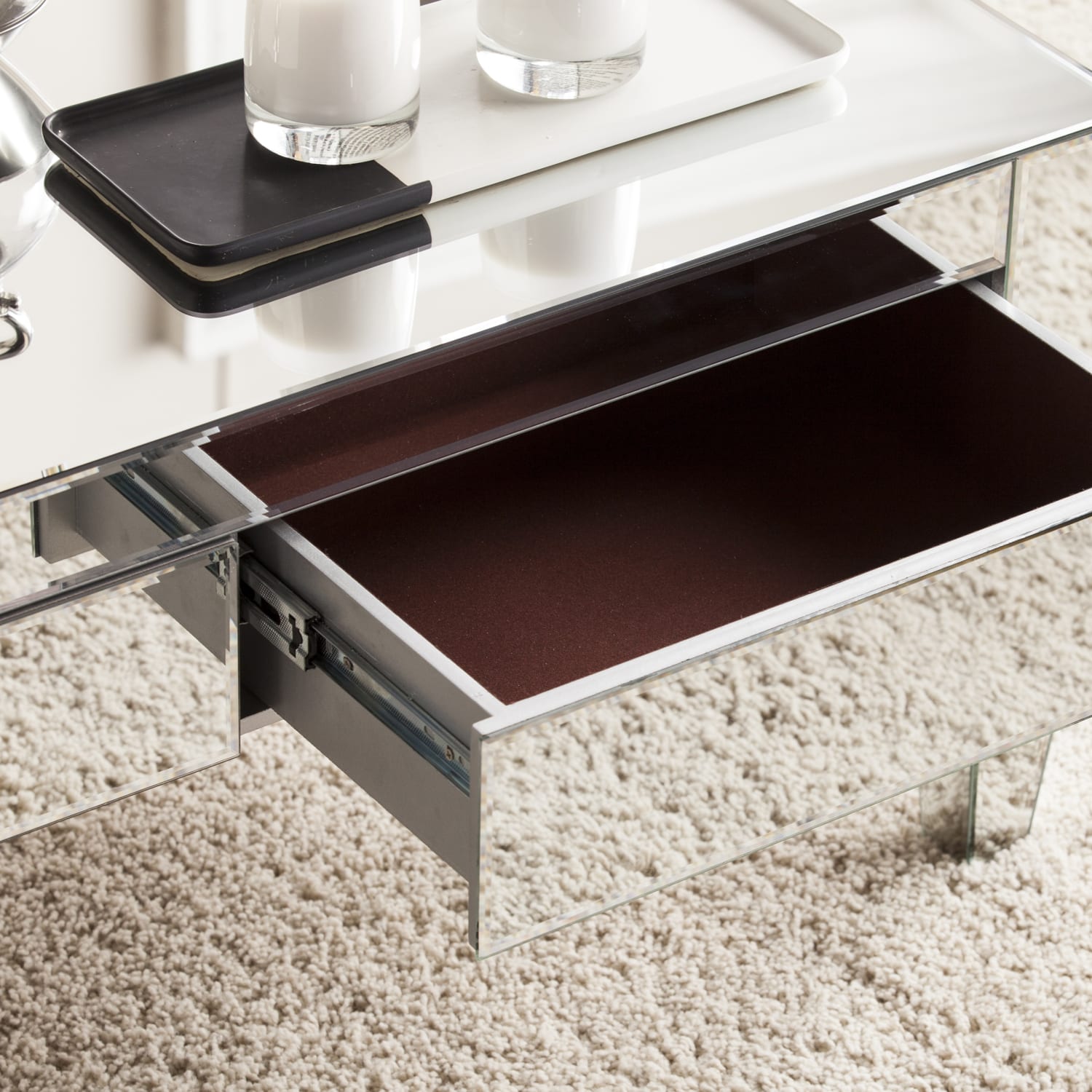 SEI Furniture Darien Contemporary Mirrored Cocktail Table, Rectangular, Matte Silver/Maroon - Image 5