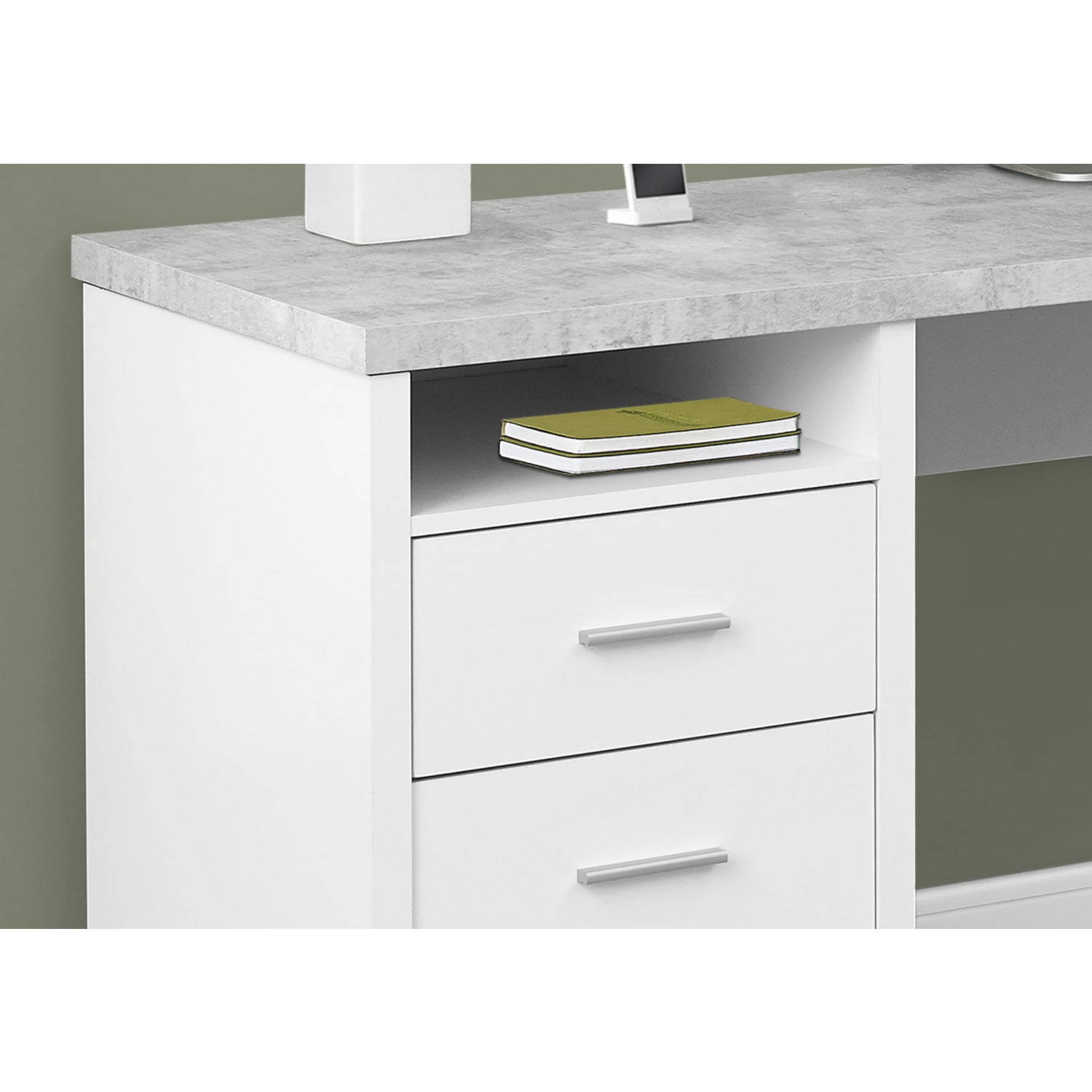 Monarch Specialties 79inW L-Shaped Corner Desk With 2 Drawers, Gray Cement/White - Image 3