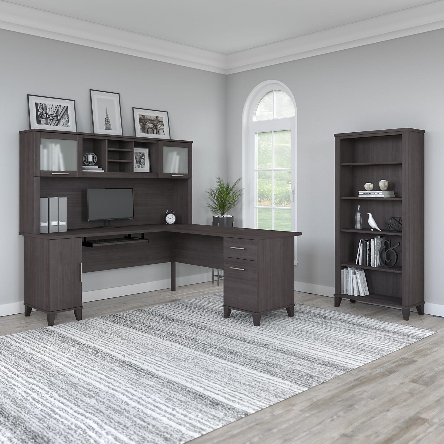 Bush Furniture Somerset 72inW L-Shaped Desk With Hutch And 5-Shelf Bookcase, Storm Gray, Standard Delivery - Image 3