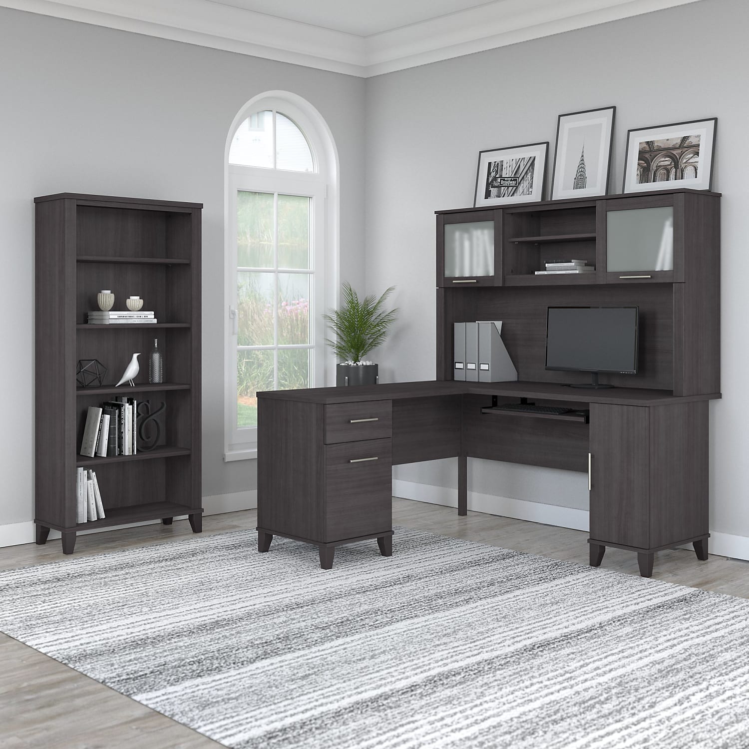 Bush Business Furniture Somerset 60inW L-Shaped Corner Desk With Hutch And 5-Shelf Bookcase, Storm Gray, Standard Delivery - Image 3