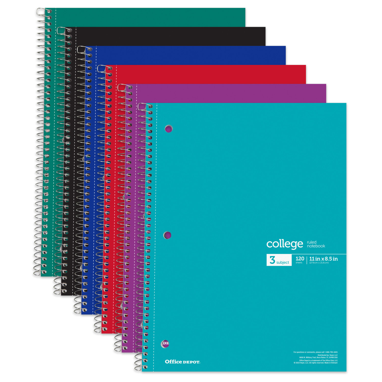Office Depot Wirebound Notebooks, 8-1/2in x 11in, 3 Subjects, College Ruled, 120 Sheets, Assorted Colors, Pack Of 6 Notebooks