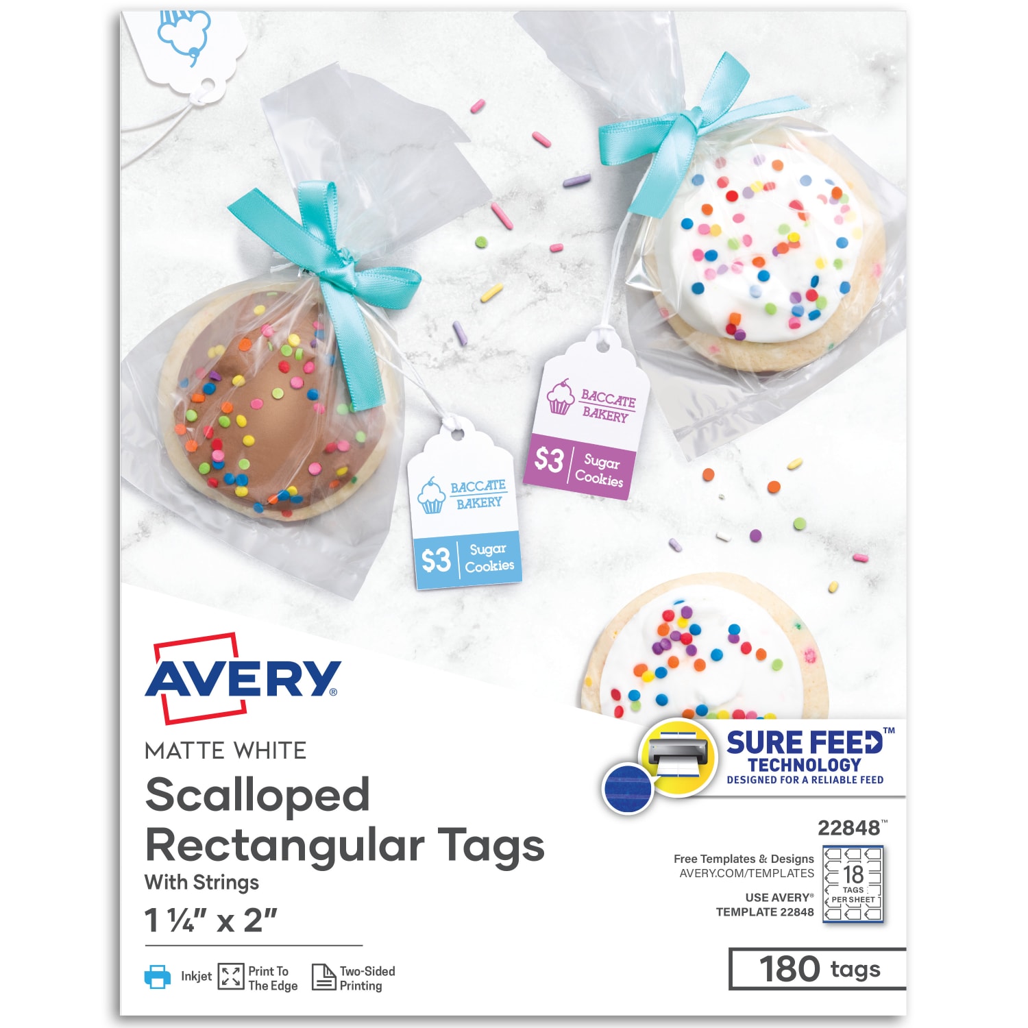 Avery Print-To-The-Edge Tags With Strings, Scalloped, 2in x 1/14in, White, Pack of 180
