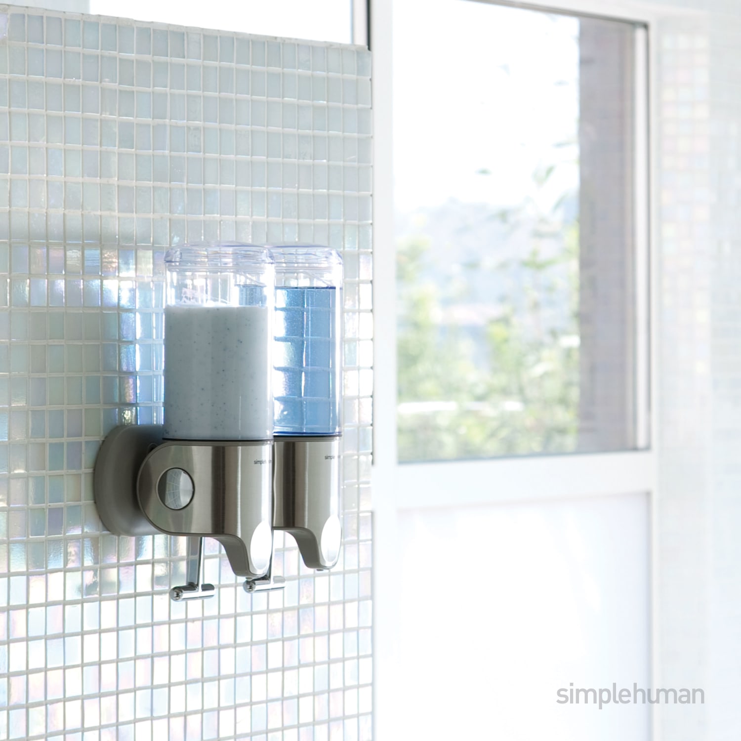 simplehuman Wall Mount Soap Pump, Twin, 2x15 fl.oz. Shampoo and Soap Dispensers, Stainless Steel - Image 4