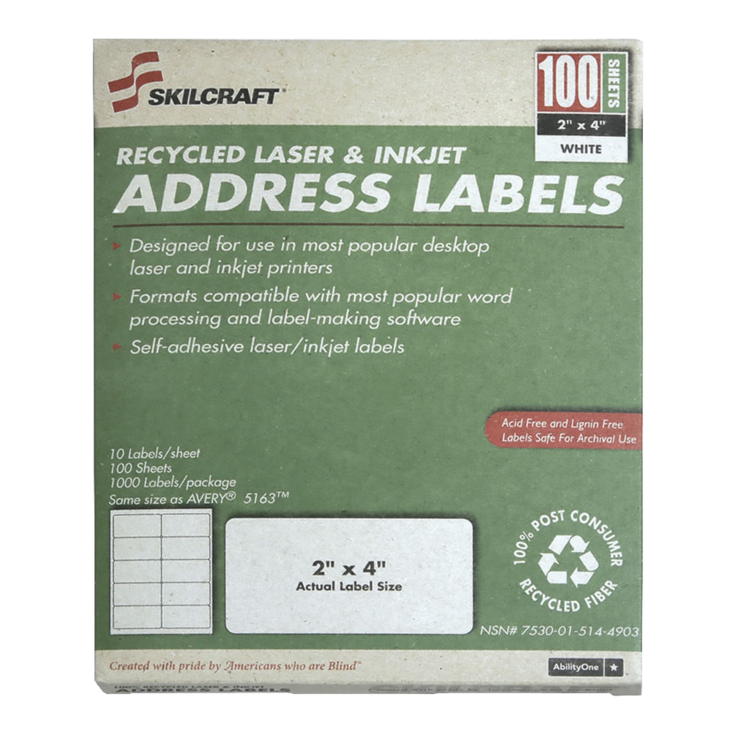 SKILCRAFT Permanent Inkjet/Laser Address Labels, NSN5144903, Rectangle, 2in x 4in, White, Box Of 100 Sheets (AbilityOne 7530-01-514-4903)